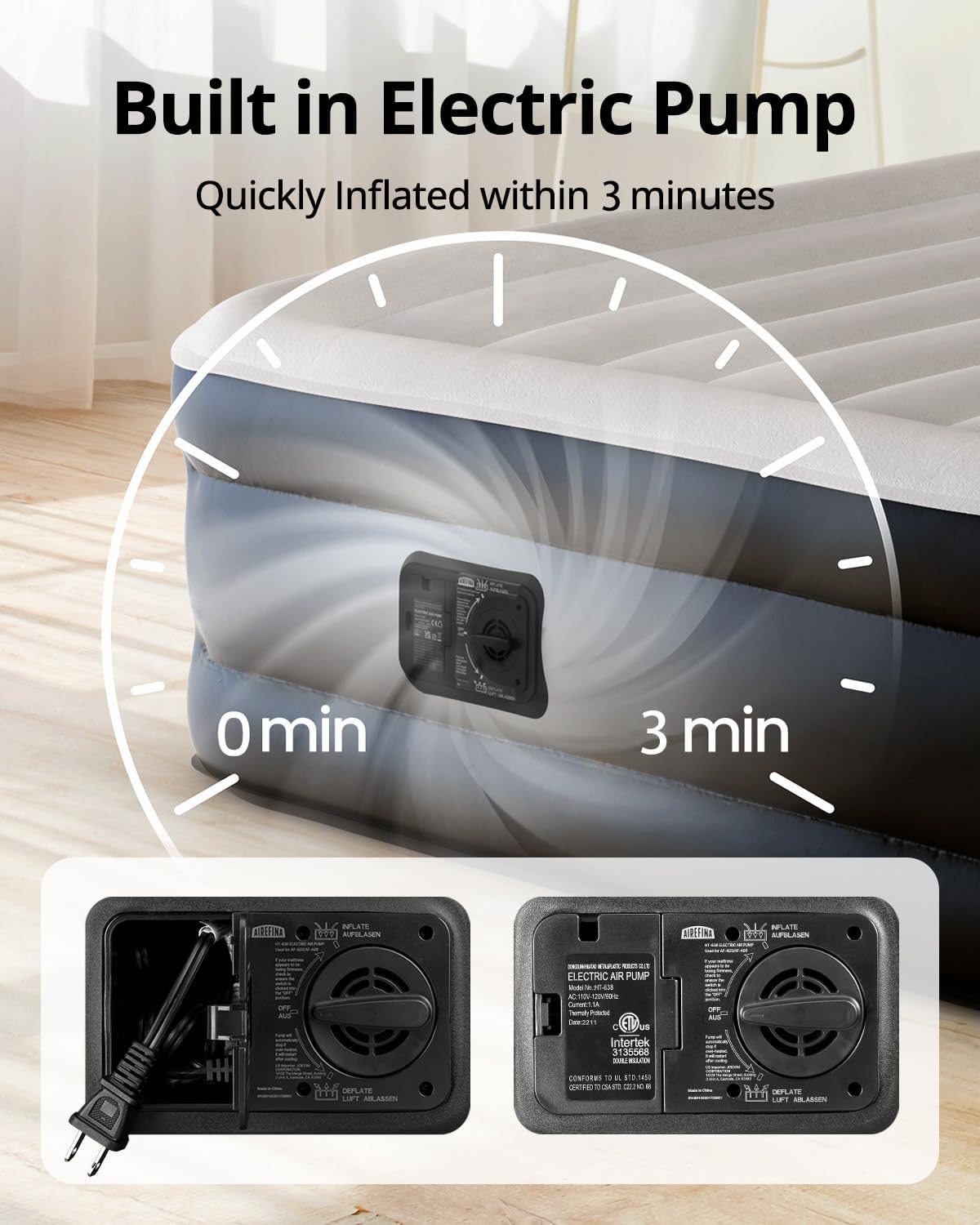 Airefina Colchón de aire mejorado de tamaño matrimonial de 18 pulgadas, cama de aire doble con bomba integrada, colchón inflable de 3 minutos