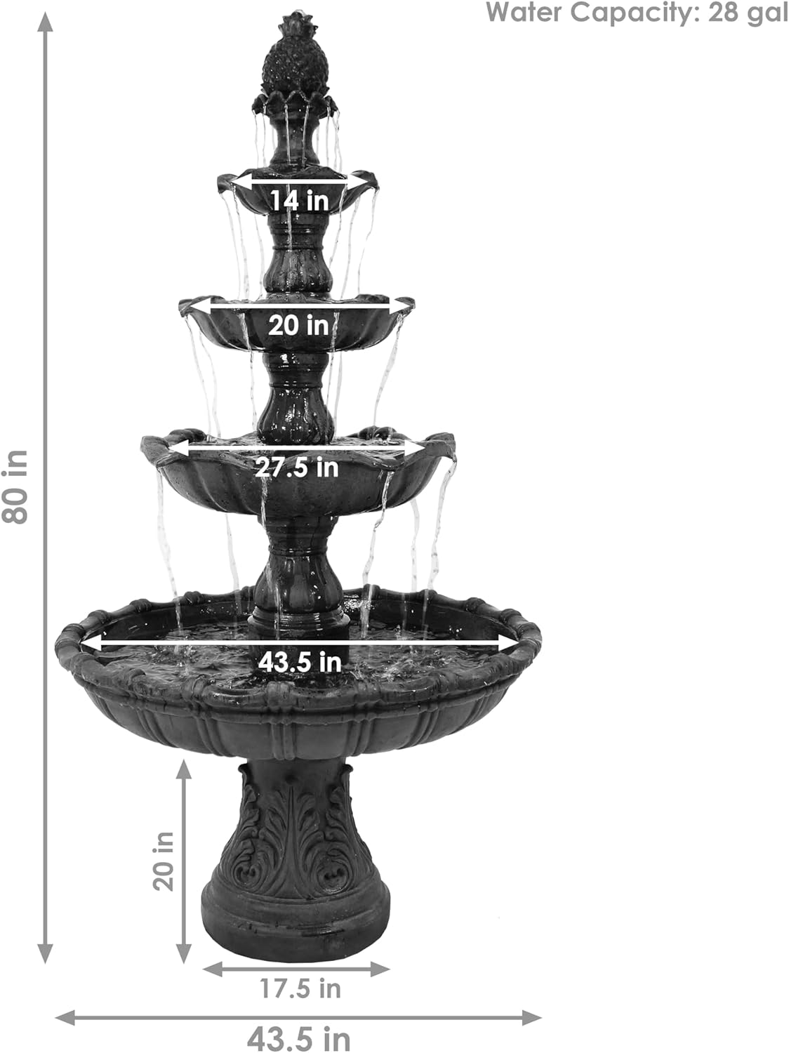 Sunnydaze Grand Courtyard – Fuente de agua para exteriores de 80 pulgadas, 4 niveles, bomba sumergible eléctrica, color negro