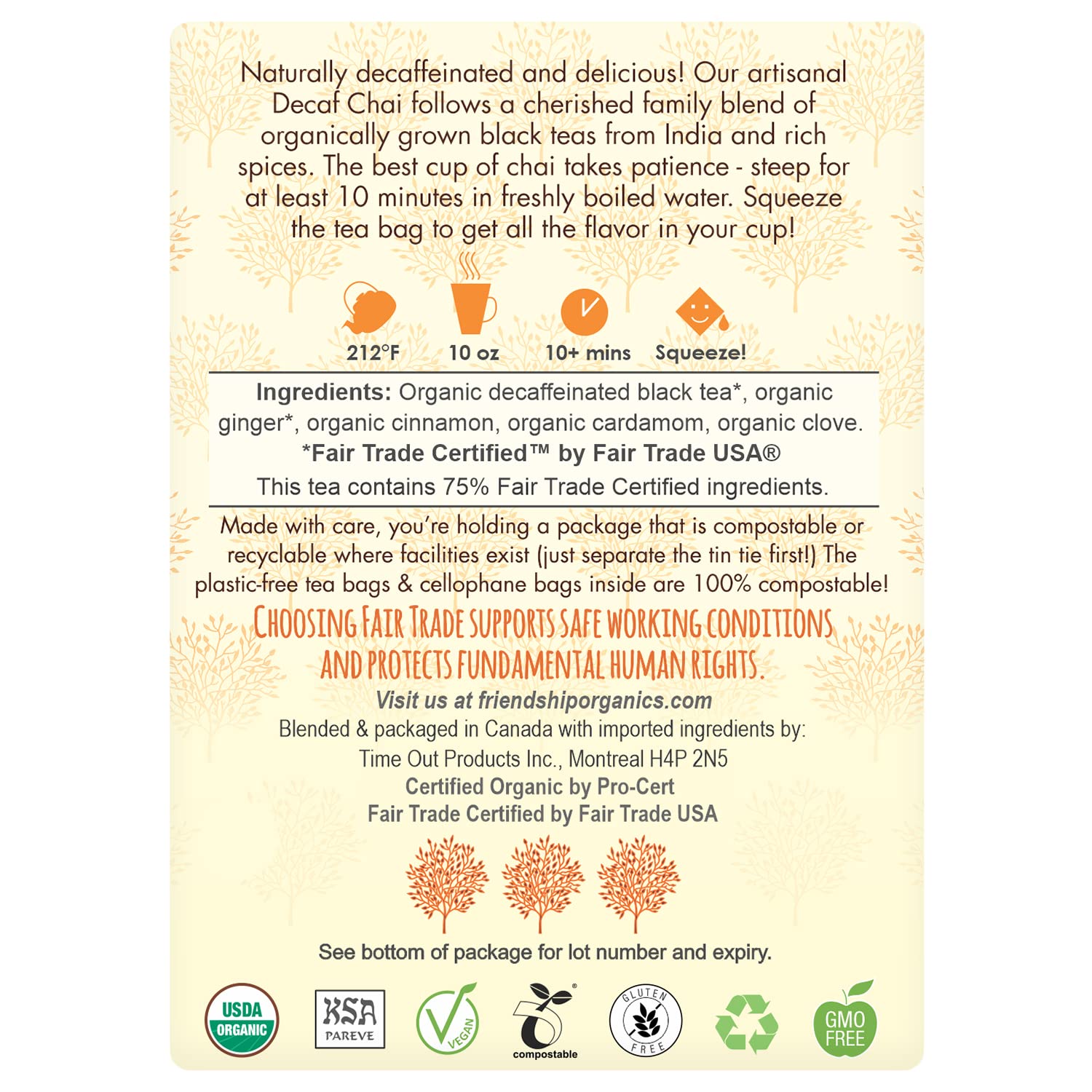 Friendship Organics Bolsas de té Chai descafeinadas, orgánicas y de comercio justo, 36 unidades (paquete de 2)