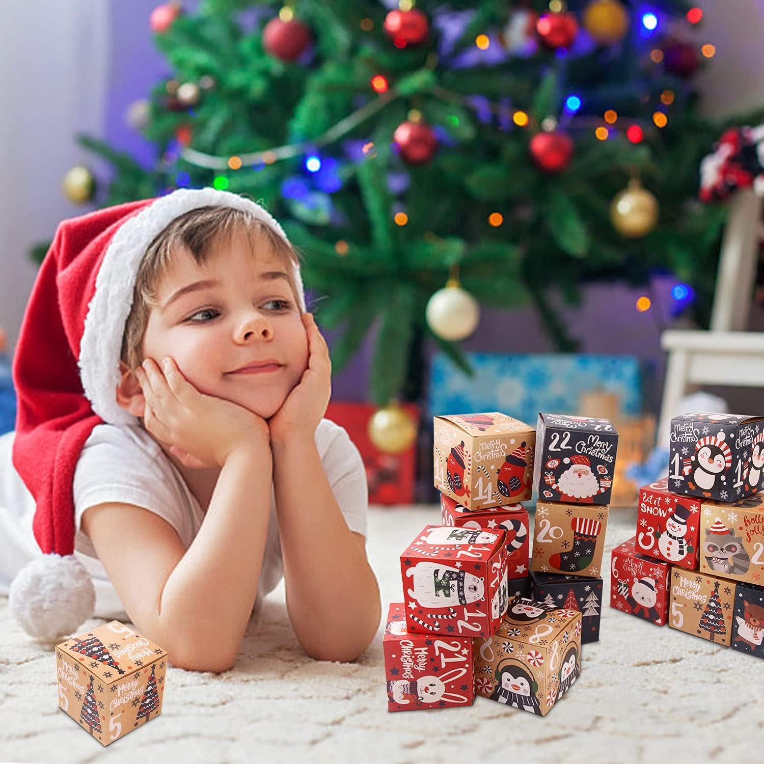 LOKIPA Cajas de calendario de Adviento de Navidad, cajas de regalo de cuenta regresiva de papel kraft de 24 días para niños y familia