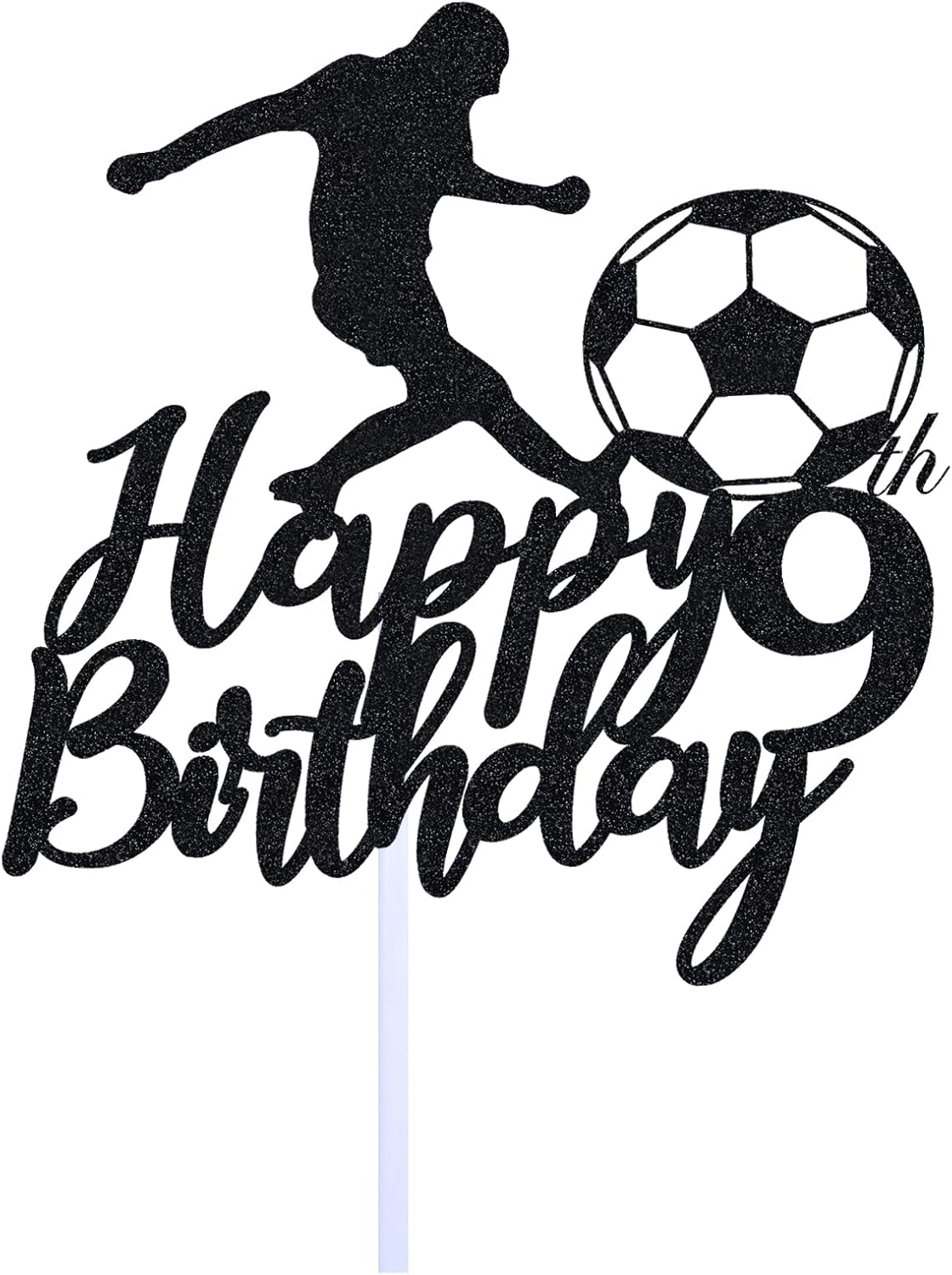 Decoración para tartas de fútbol 9th Boy, decoración de fiesta de cumpleaños con temática de 9 deportes, papel negro con purpurina