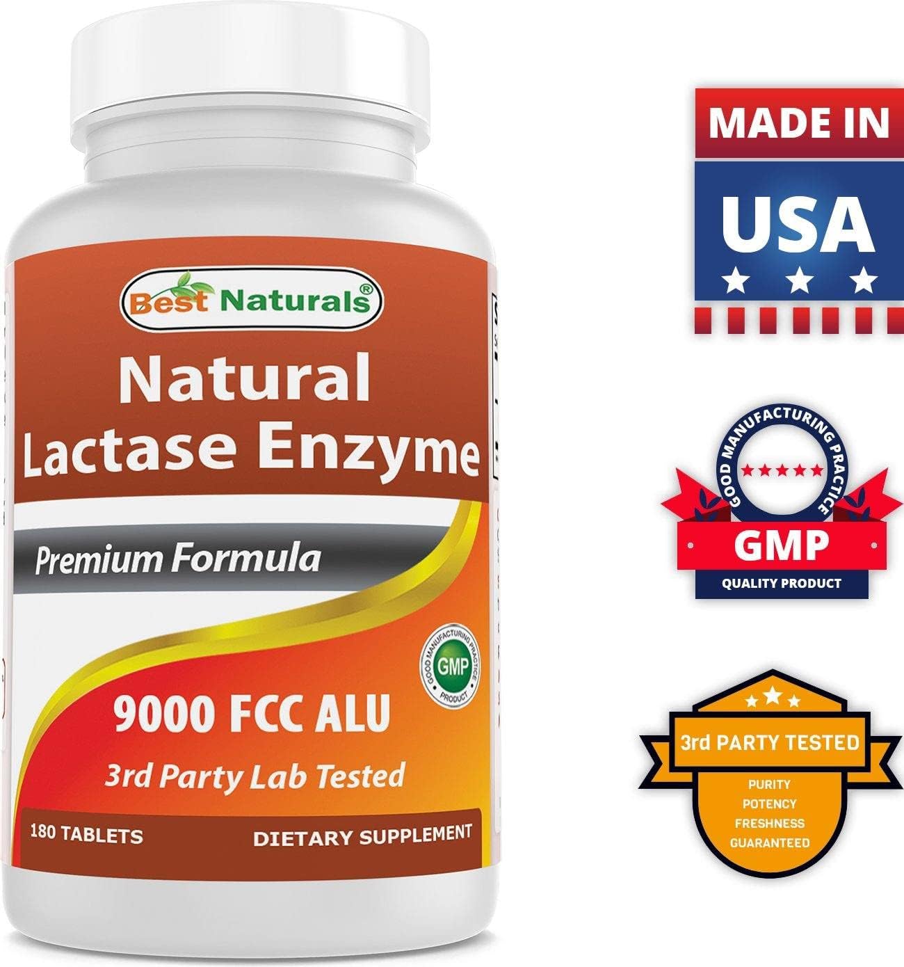 Best Naturals Tabletas de alivio de intolerancia a la lactosa con enzima lactasa natural, lactasa de acción rápida de alta potencia, 9000 ALU FCC,
