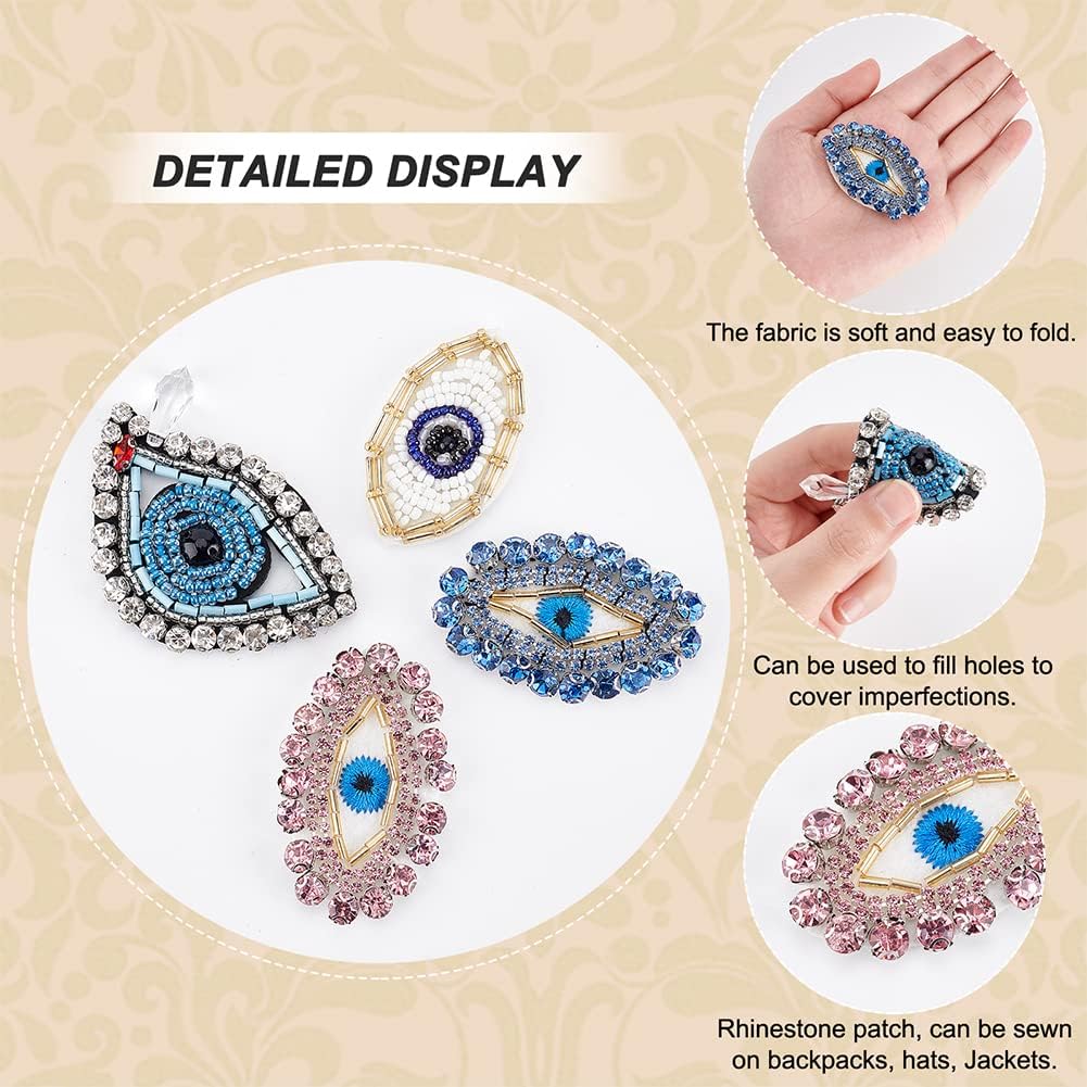FINGERINSPIRE 8 parches de cristal con diamantes de imitación de Egipto contra el mal de ojo, 4 estilos exquisitos bordados en forma de ojo, parches