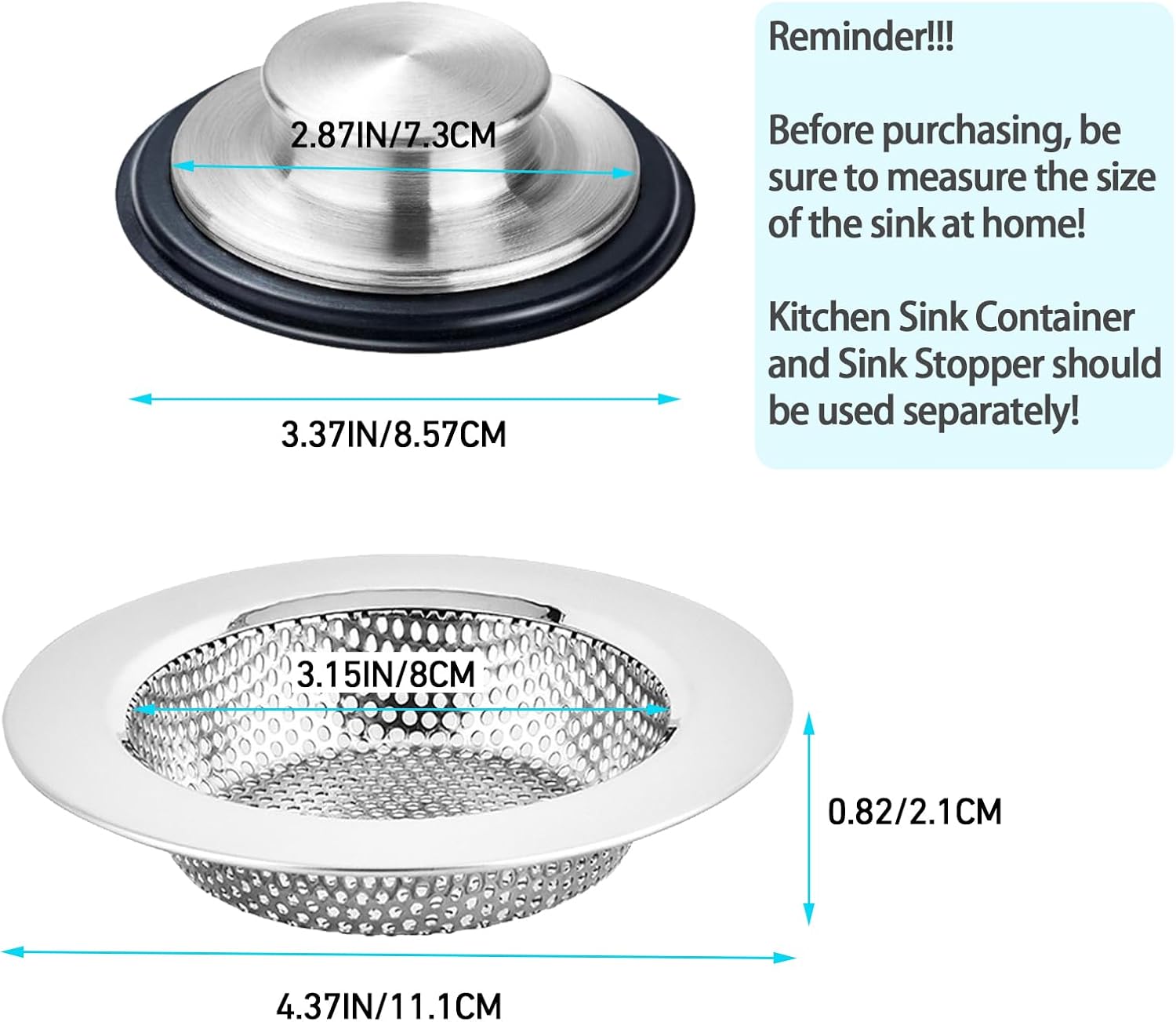 4 coladores de drenaje para fregadero de cocina, tapa de fregadero de 3.37 pulgadas + tapón de eliminación de basura de 4.4 pulgadas, coladores de