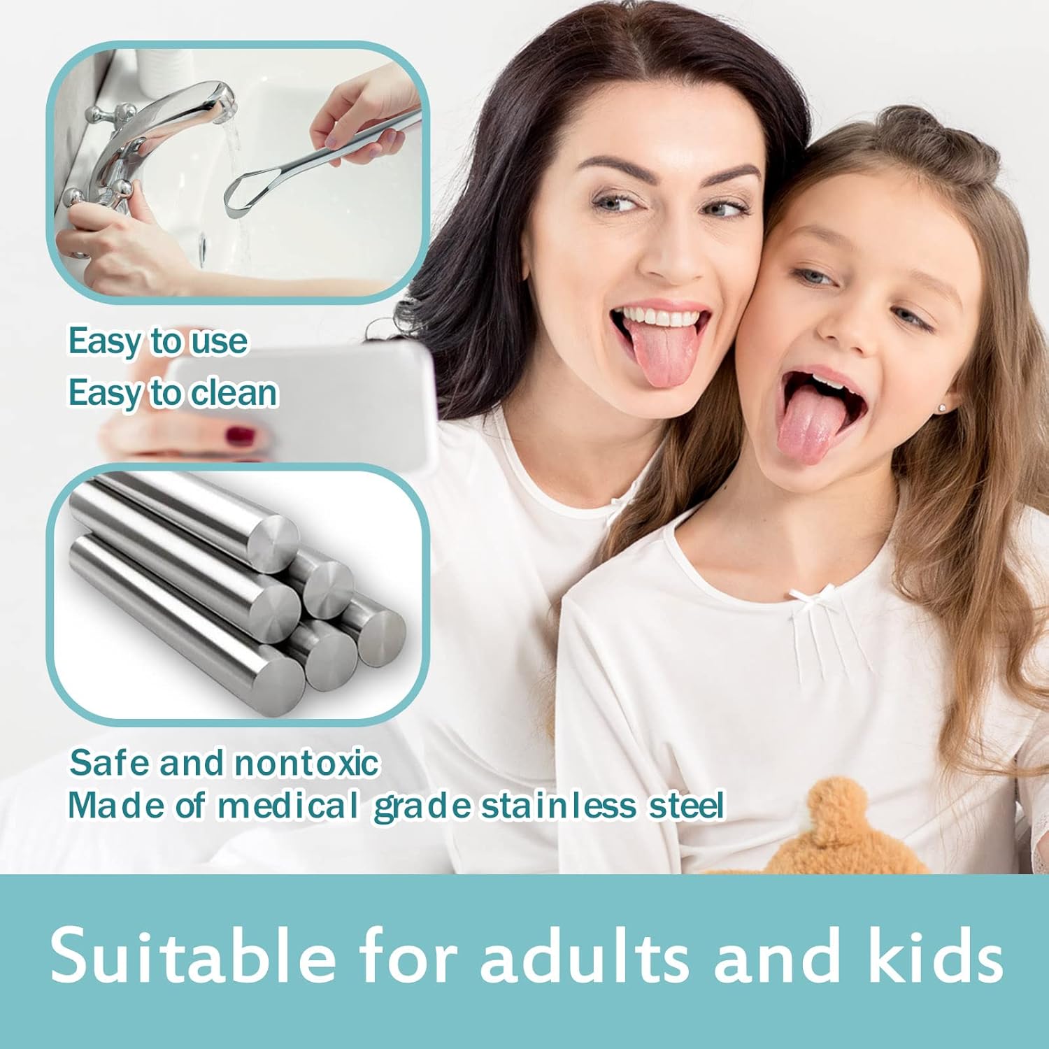 Raspador de lengua (paquete de 2) limpiador de lengua de acero inoxidable de grado médico para adultos y niños con 2 mini ganchos para reducir el