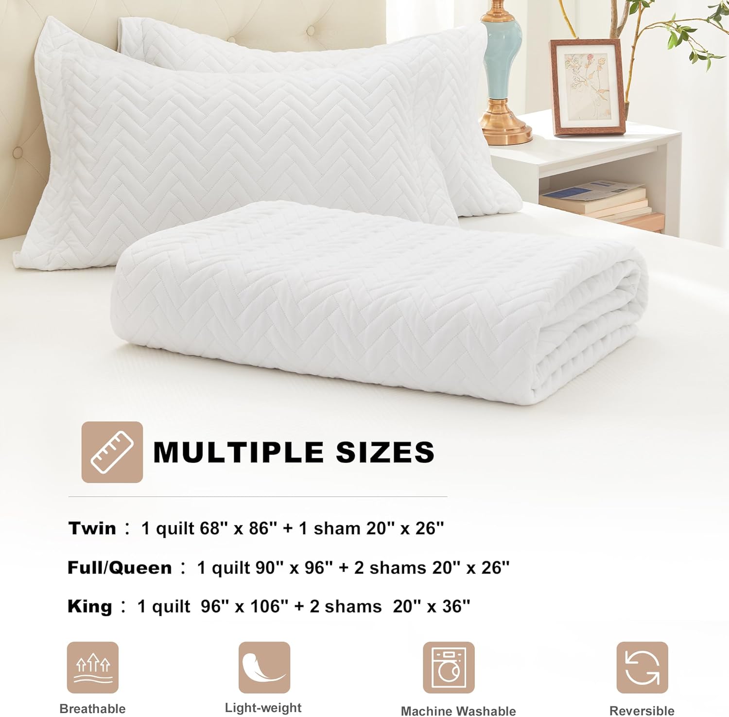 GRT Juego de edredón blanco tamaño King con fundas de almohada, edredón ligero, reversible, estilo moderno, patrón rectangular, juego de ropa de