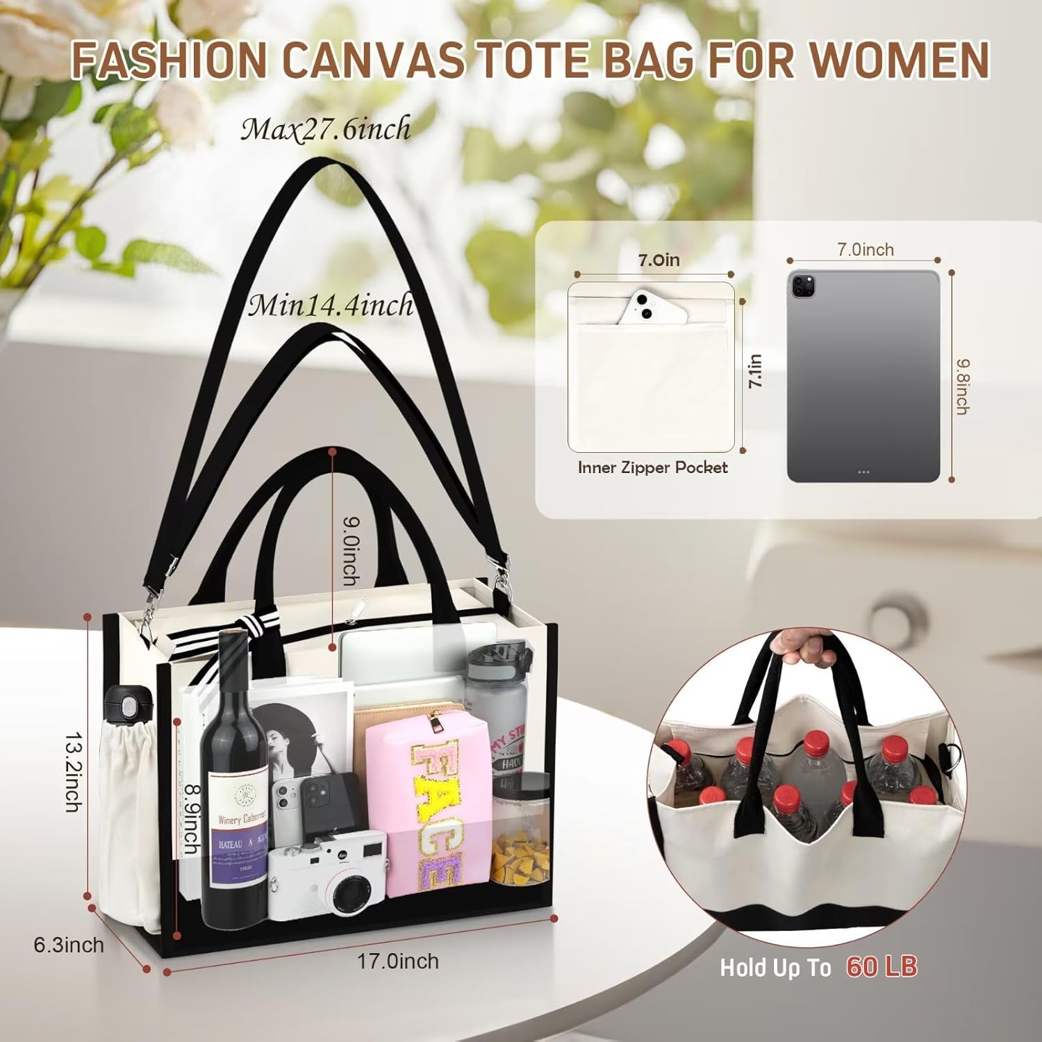 Bolsa de lona con inicial para la playa con bolsa de maquillaje, regalos personalizados para mujeres, madres, amigas, profesores, damas de honor,