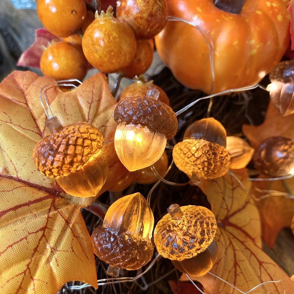 JASHIKA Guirnalda de luces 3D Twinkle Bellota para decoración de otoño, alambre de cobre de 10 pies, 30 luces LED alimentadas por pilas con