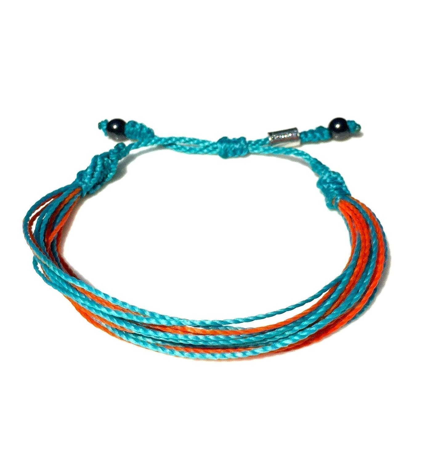 String Surf Bracelet for Men and Women with Hematite Stones in Orange and Caribbean Aqua Blue – Handmade Pull Cord Ocean Surfer Bracelet by Rumi