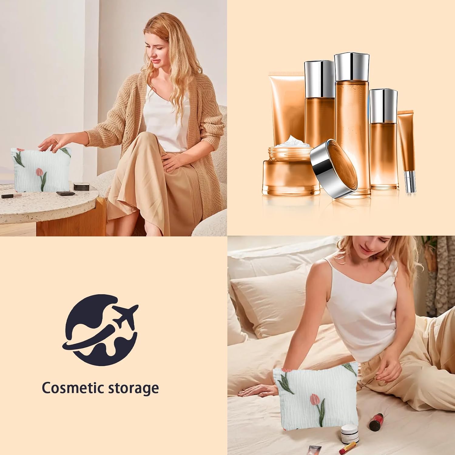 LYDZTION Bolsa de maquillaje de algodón, bolsa de maquillaje de viaje, bolsa de cosméticos para mujeres, bolsa de maquillaje, bolsa de viaje de