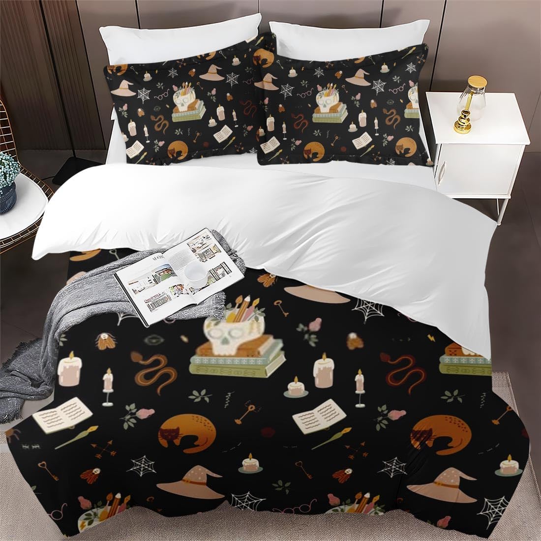 Juego de funda de edredón, juego de ropa de cama retro de bruja con polilla de gato para niños y adultos, decoración de dormitorio, juego de funda