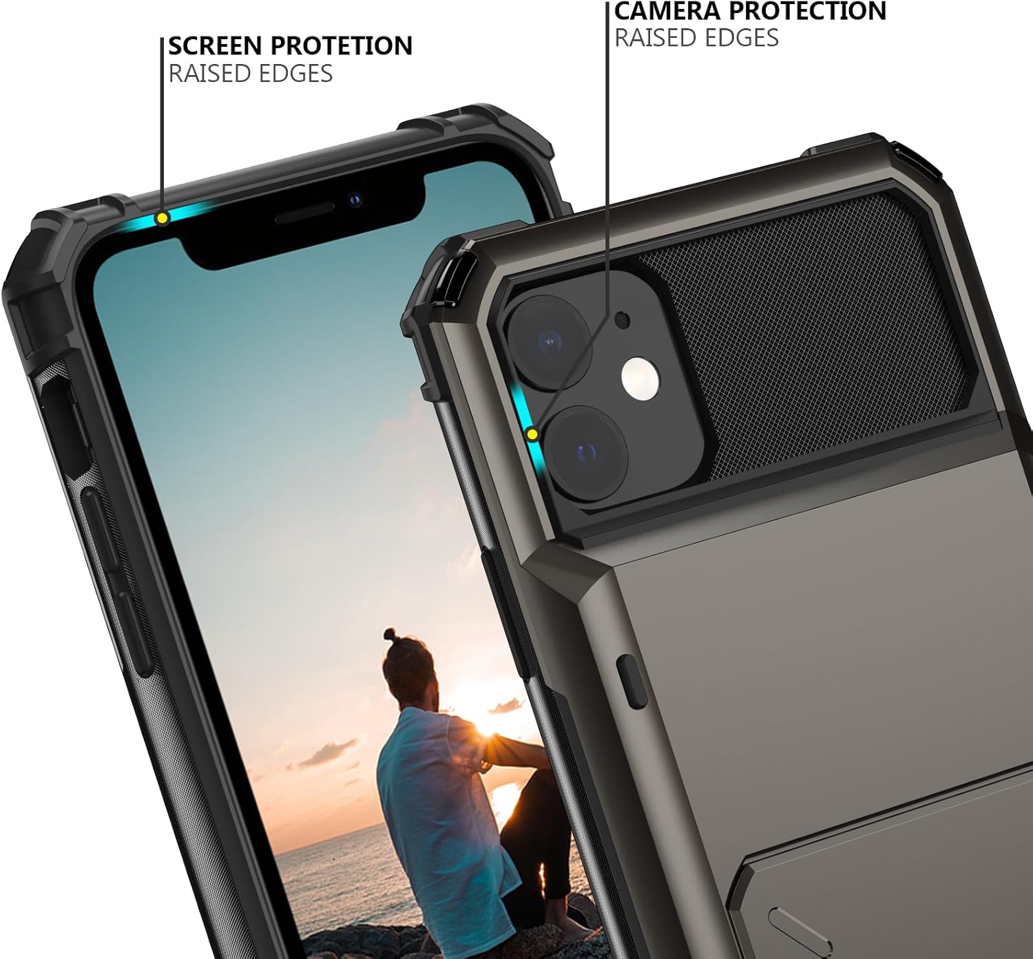 Nvollnoe Funda para iPhone 11 con tarjetero almacena 5 tarjetas Funda de doble capa resistente a prueba de golpes con ranura oculta para tarjetas,