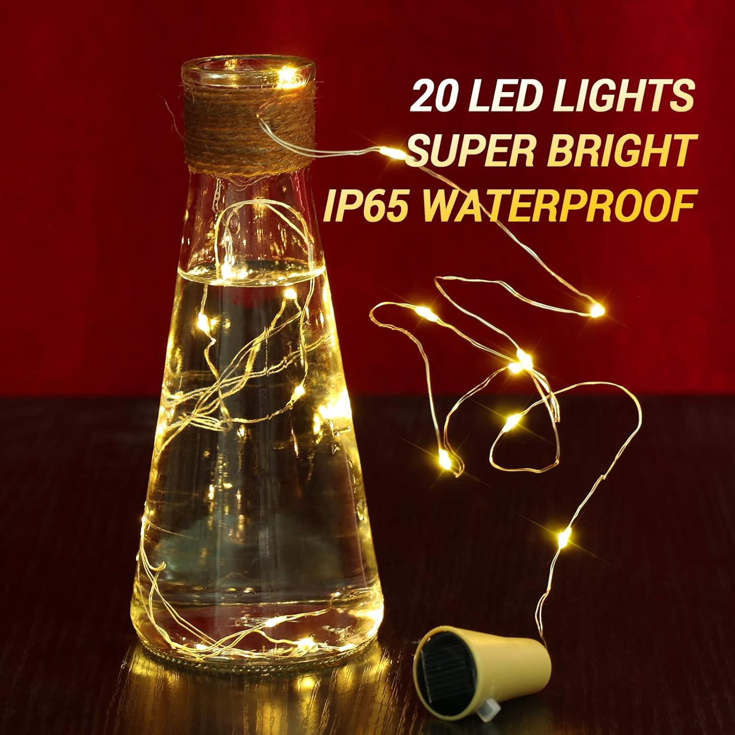 PChero Luces solares para botellas de vino, paquete de 6 unidades, 20 luces LED impermeables, mini alambre de cobre, luces de corcho para botellas