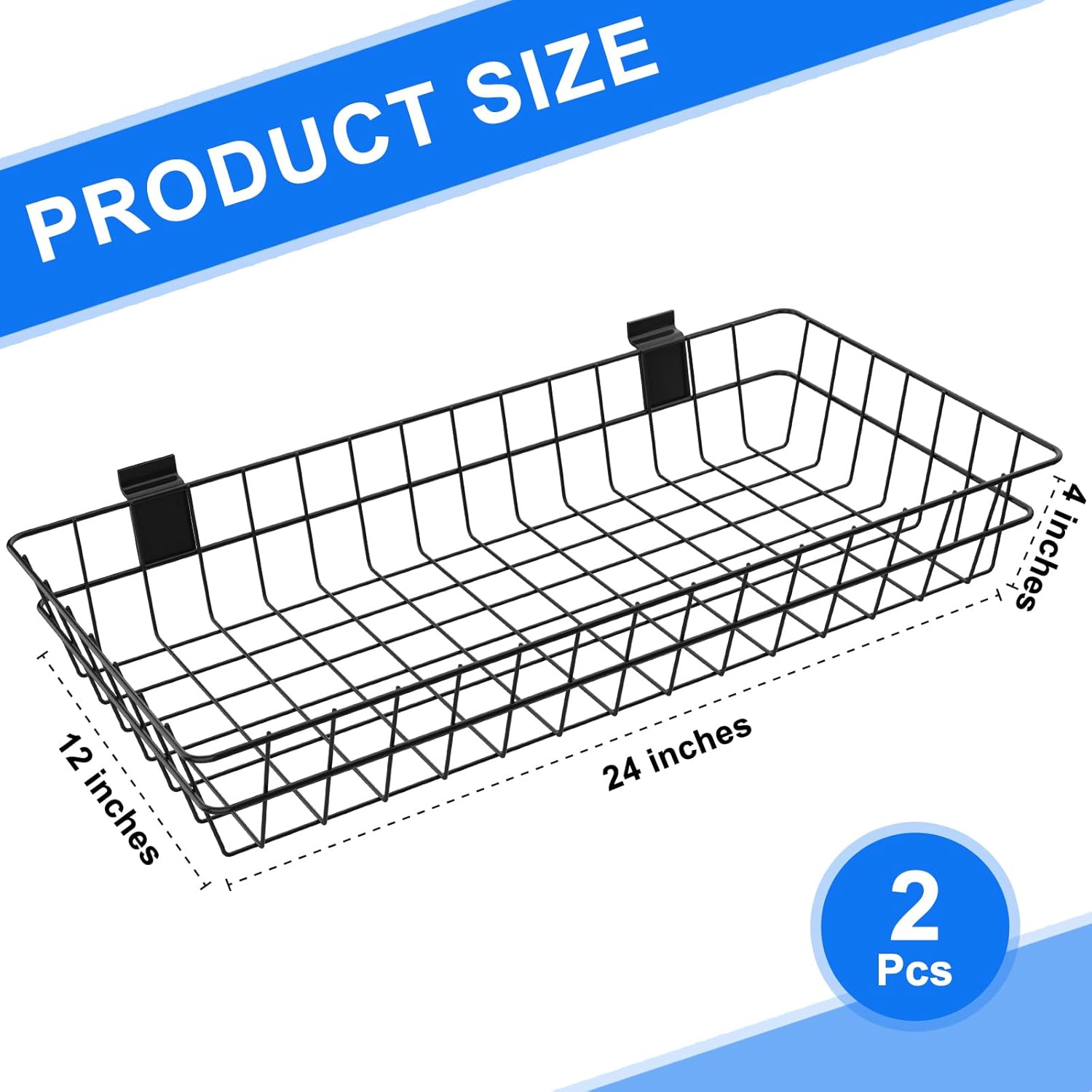 Paquete de 2 cestas de pared de listones extra grandes, 24 x 12 x 4 pulgadas, cesta de alambre colgante para pared de PVC con listones de metal