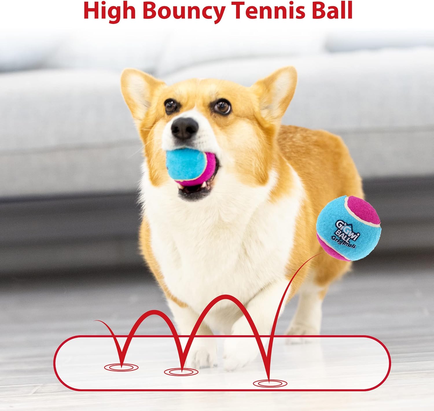 Gigwi Pelota de tenis chirriante para perros, pelota interactiva para perros pequeños y medianos, juguete de goma colorido y de rebote alto de 2.5