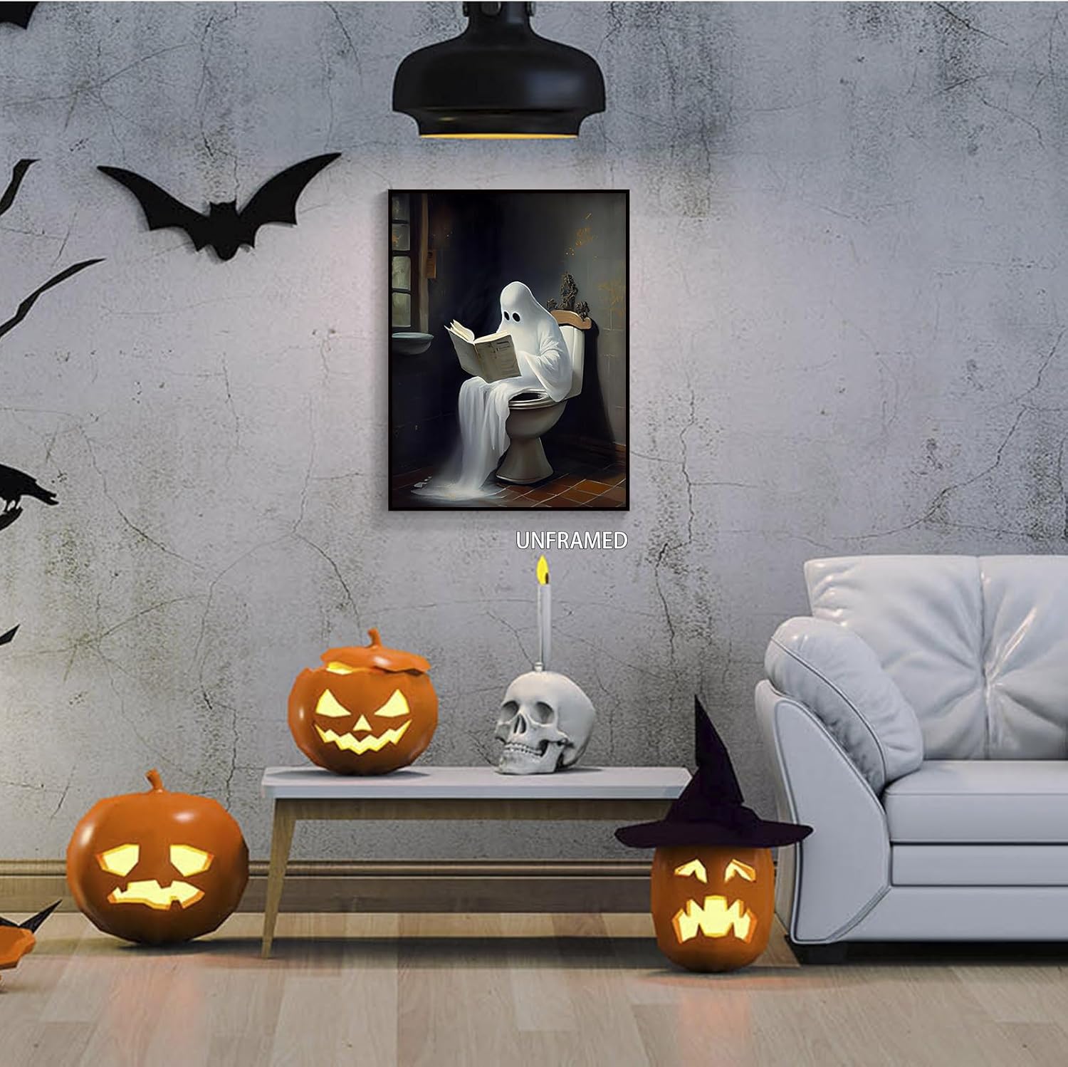 Wodkodnxy Pared de lienzo de libros de lectura de fantasmas en toliet vintage, divertidos pósteres estéticos góticos, fotos de terror de Halloween,