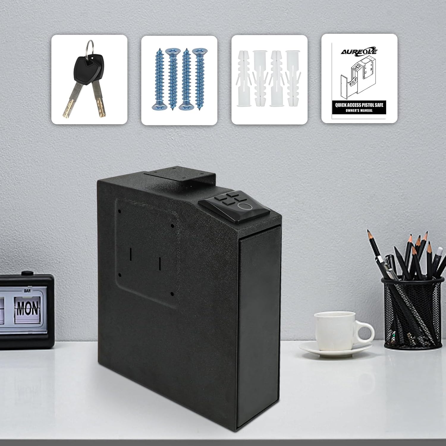 AUREOLE Caja fuerte biométrica de acceso rápido para pistola deslizante con bloqueo de teclado de huellas dactilares, caja fuerte para pistola de