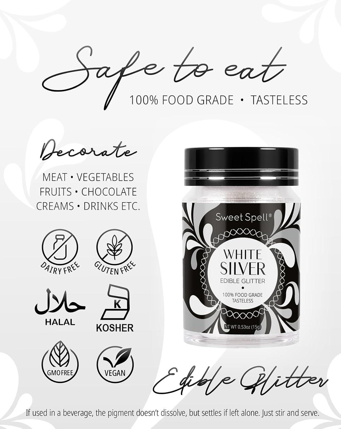 Sweet Spell Purpurina comestible (0.53 oz)  Polvo brillante para bebidas, pasteles, cócteles, chispas, 100% comestible y de grado alimenticio,