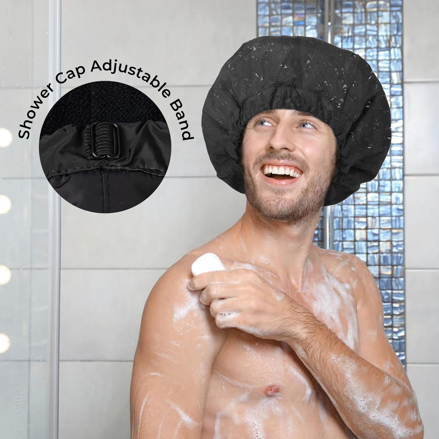 Gorro de ducha para hombre, gorro de baño negro, reversible, con forro de rizo, grande, impermeable, ajustable, banda elástica, dobladillo elástico,