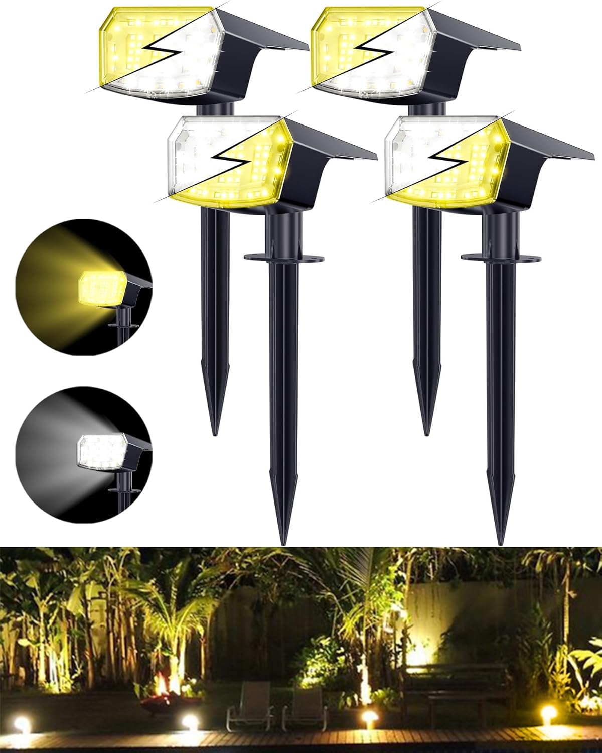Biling Luces solares 3 en 1 cálidasblancasnaturales para exteriores, paquete de 4 luces solares impermeables para exteriores, iluminación solar de