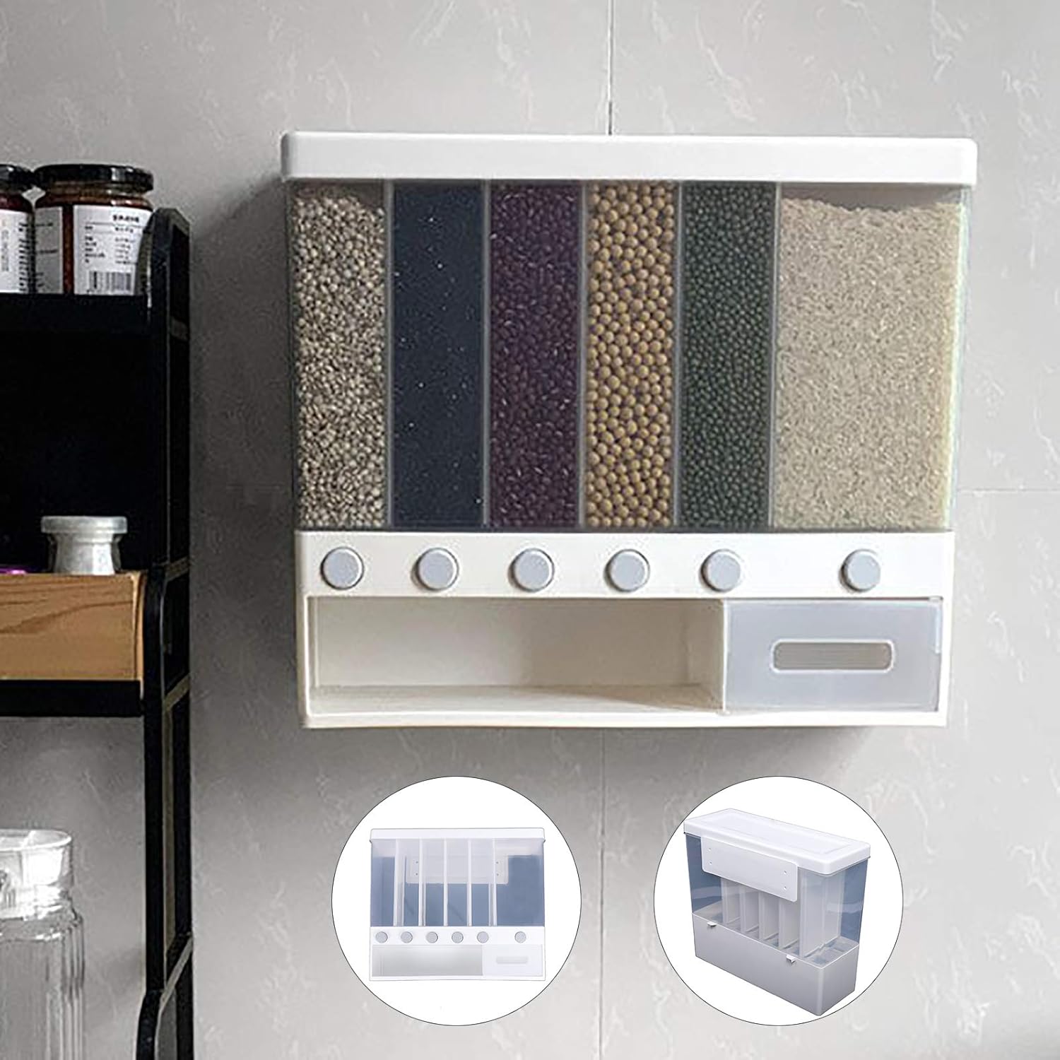 Eapmic Dispensador de arroz con taza, dispensador de alimentos secos de 5 rejillas montado en la pared, contenedor de almacenamiento de cereales