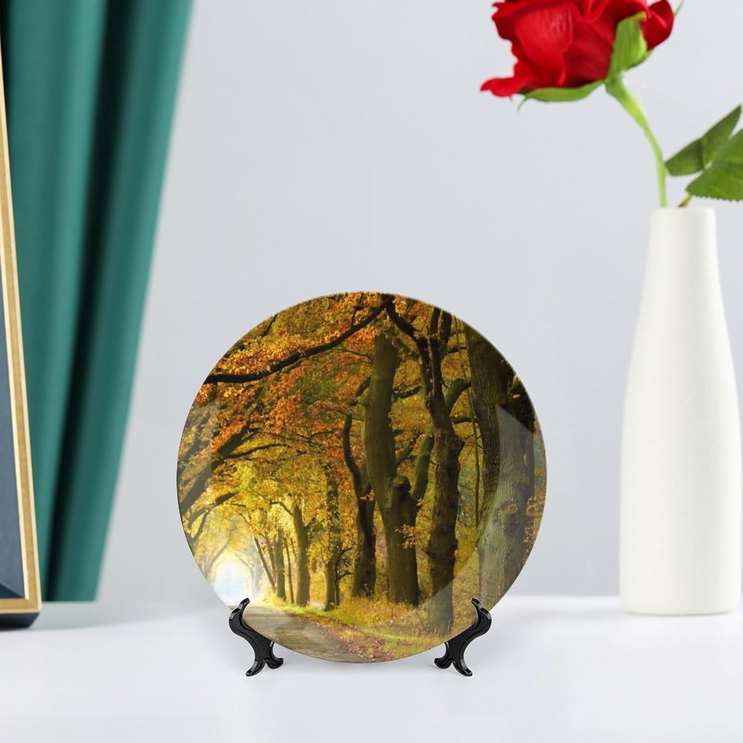 Plato decorativo de cerámica de 6 pulgadas con soporte de otoño Forest Avenue redondo para el hogar, platos de cena para decoración de pared del