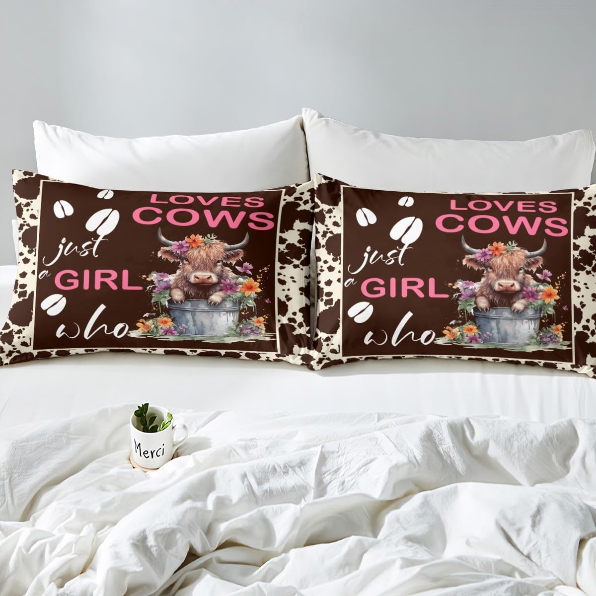 Juego de funda de edredón de vaca de las montañas, color marrón oscuro, para niñas y niños, funda de edredón de cuerno largo, diseño de animales de