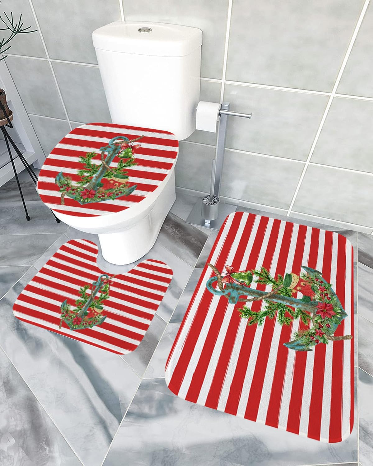 Juego de 3 alfombras de baño rojas de Navidad con alfombra de contorno antideslizante + cubierta de tapa de inodoro oblonga + alfombra de baño