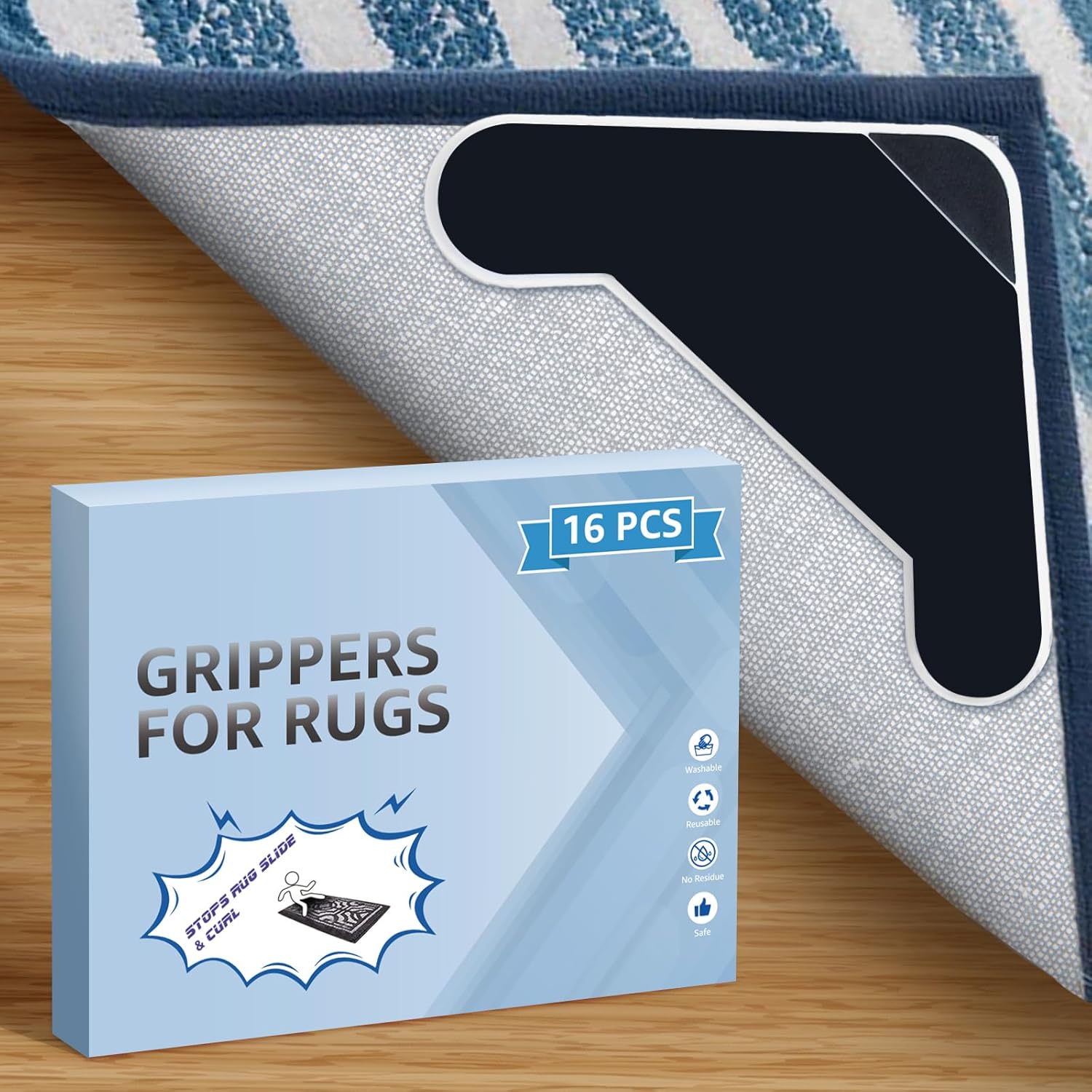 Lakuti 16 pinzas para alfombras, almohadillas antideslizantes de doble cara para suelos de madera dura y azulejos, cinta adhesiva reutilizable y