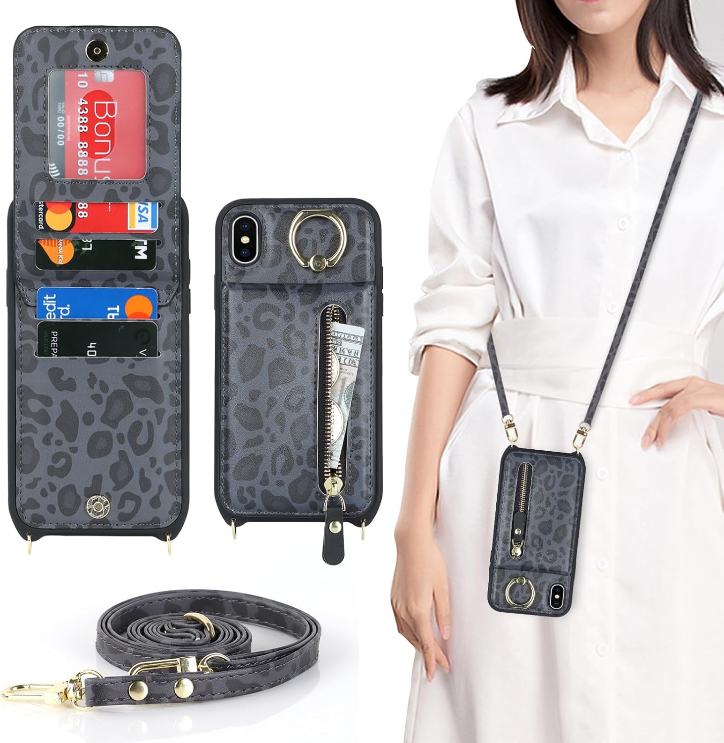 Funda para iPhone Xs Max con tarjetero para mujer, iPhone Xs Max con correa y ranuras para tarjetas de crédito, bandolera con cremallera y función