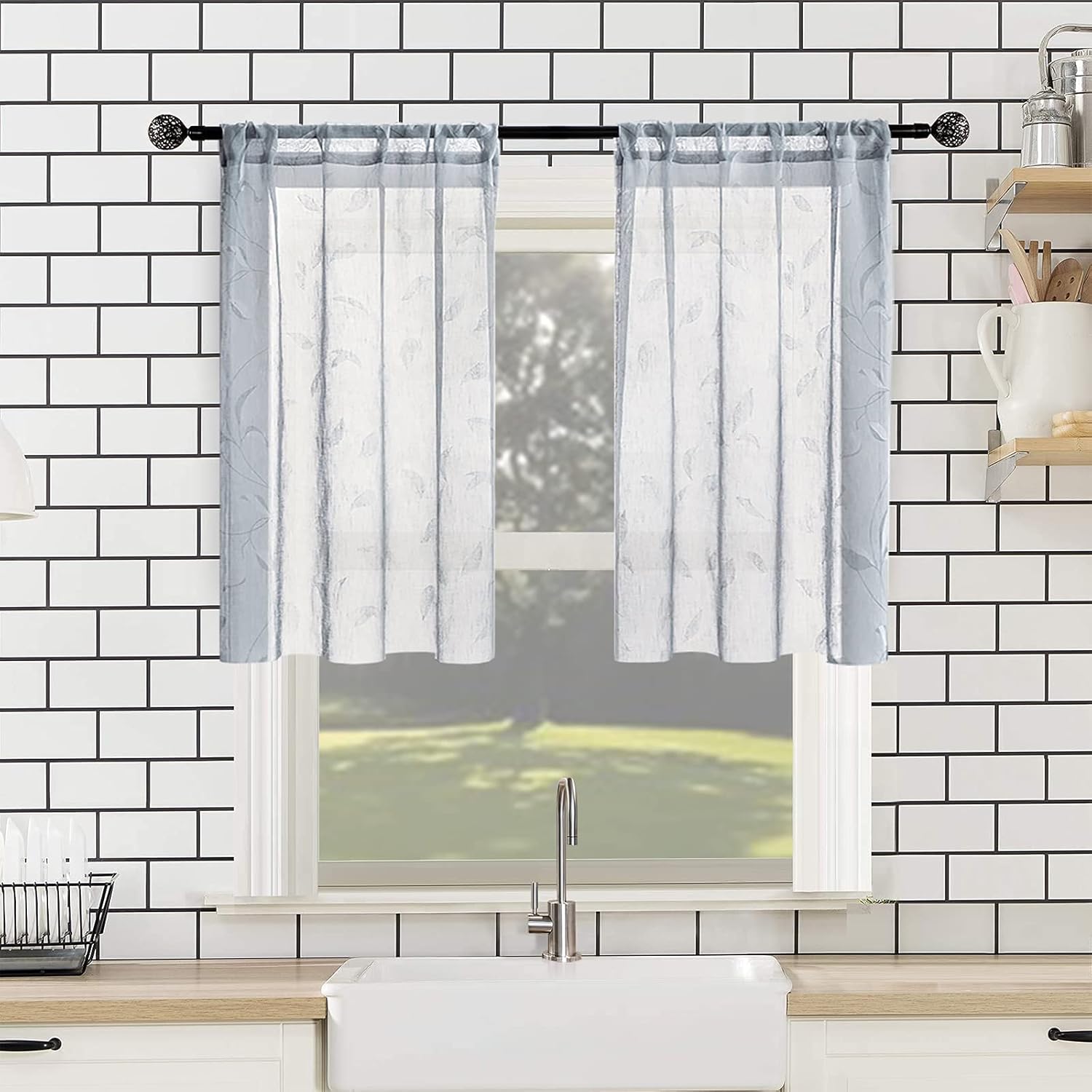 MRTREES Cortinas cortas de lino transparente, con bolsillo para barra, cortinas de cocina con estampado de hojas para sala de estar, dormitorio,