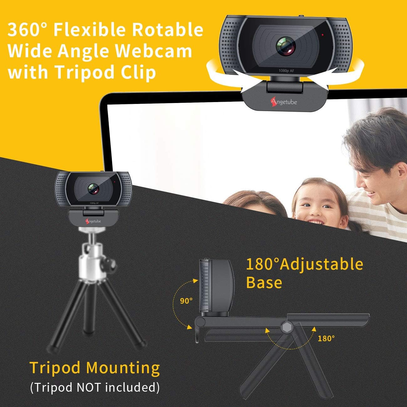 Angetube Cámara web con micrófono, cámara web de 1080p con cubierta de privacidad para PC, computadora, laptop, computadora de escritorio, MacBook,