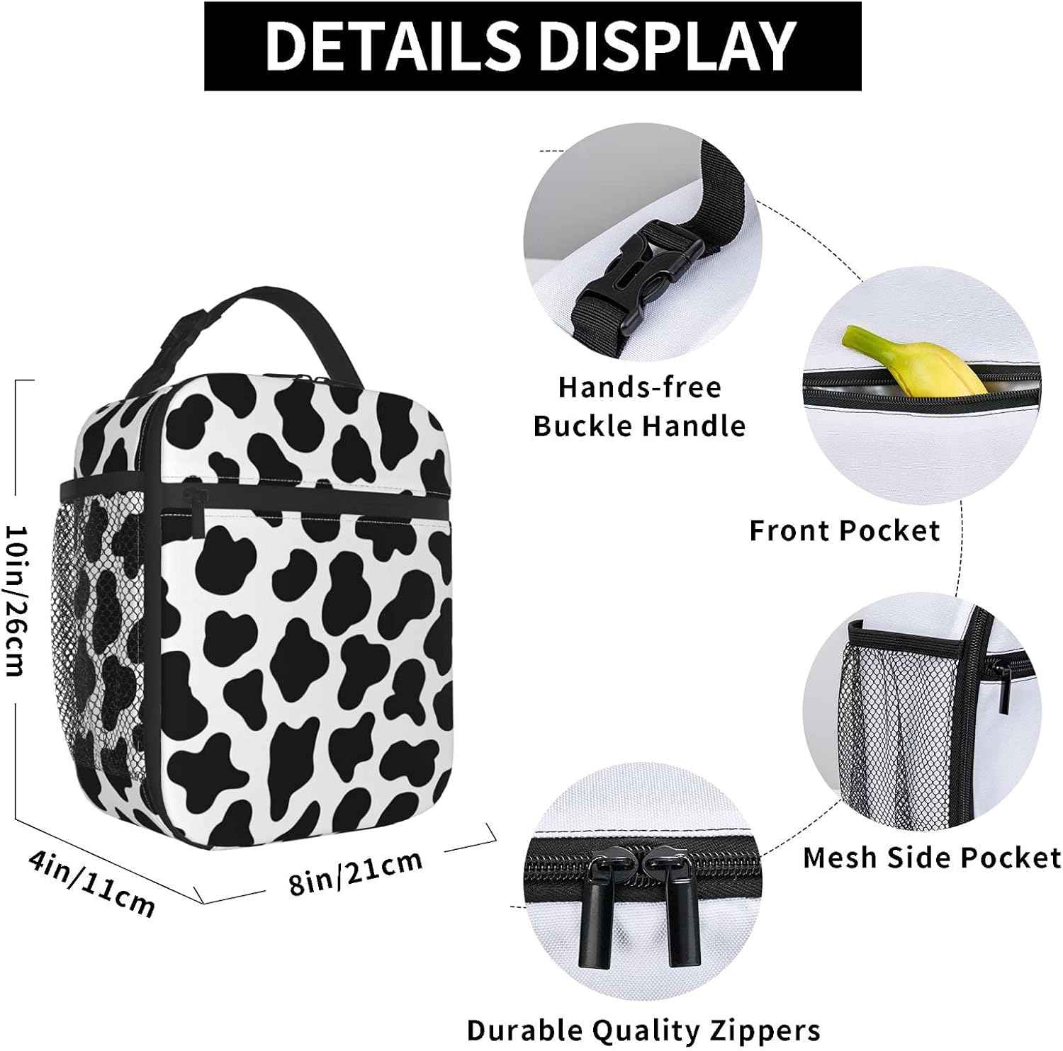 Lonchera aislada para hombres y mujeres, bolsa de almuerzo portátil y reutilizable para trabajo de oficina y picnic, estampado de vaca