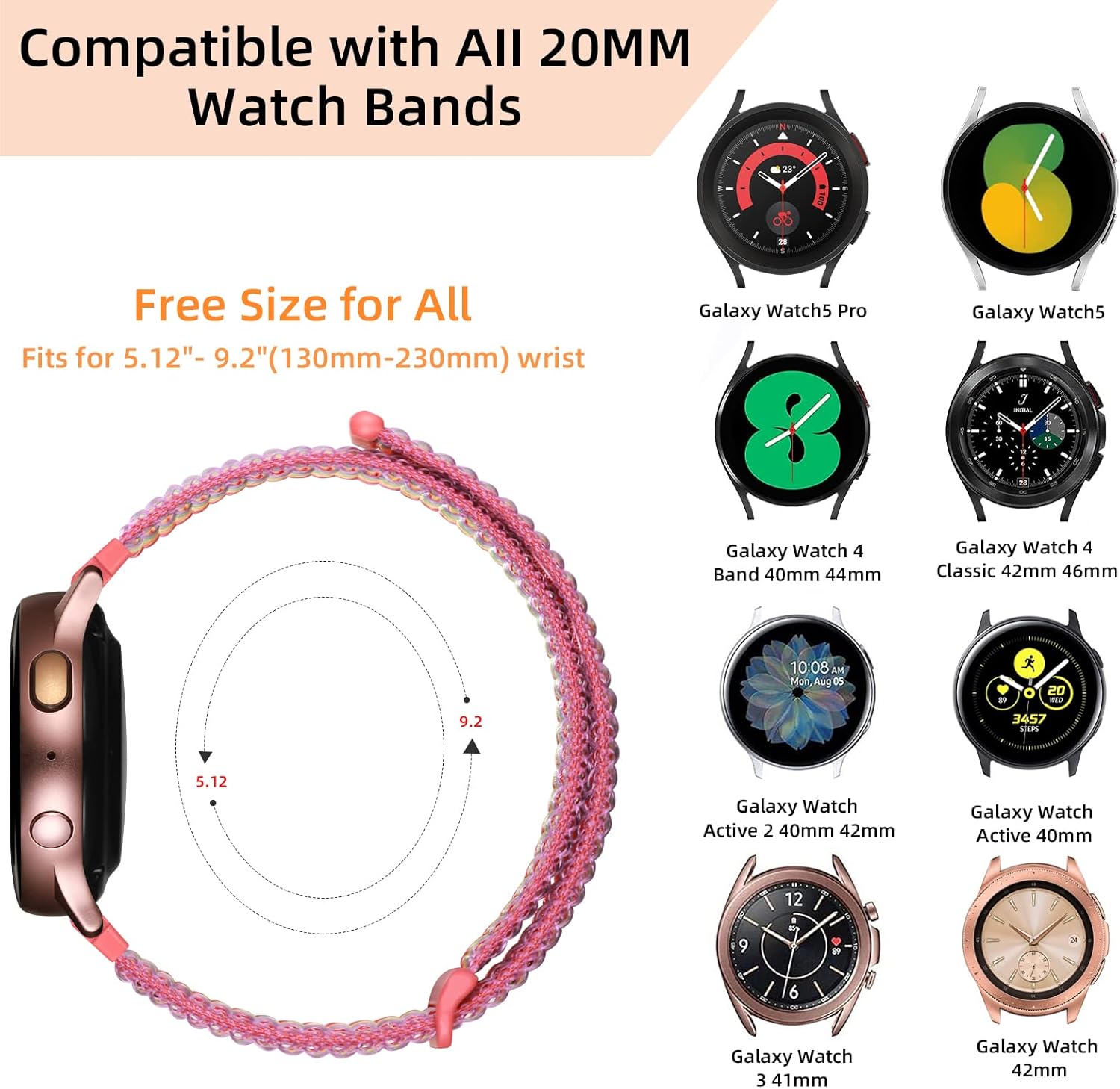 DaQin Compatible con Samsung Galaxy Watch 6 5 4 Band 1.575 in 1.732 in 0.787 in correa deportiva ajustable de nailon suave para Galaxy Watch 5 Pro