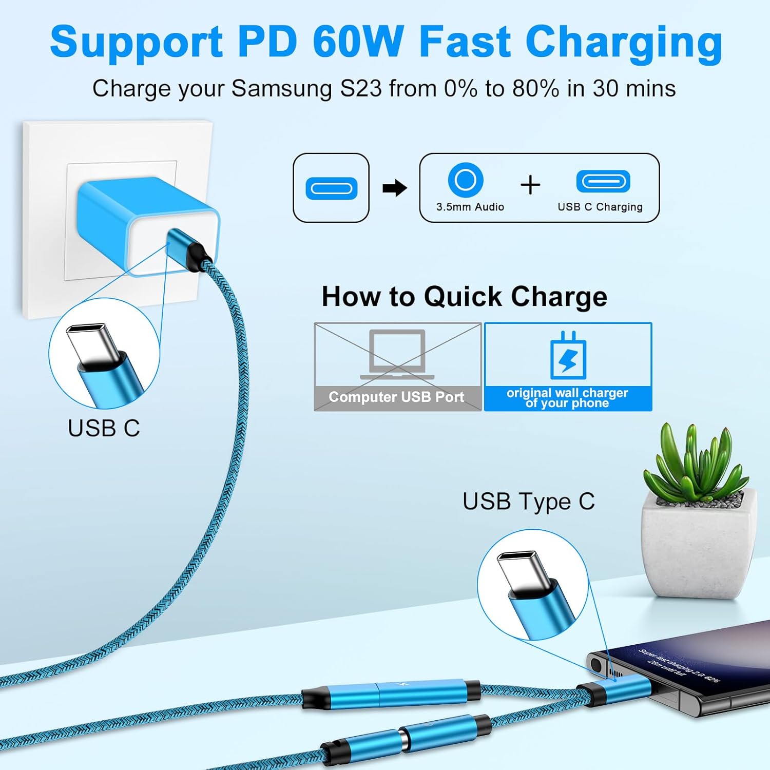 Cable de alimentación USB tipo C de 60 W rápido Samsung y adaptador de auriculares de 0.138 in para Samsung Galaxy S24 S23 Ultra S22 S21 FE S20 A54