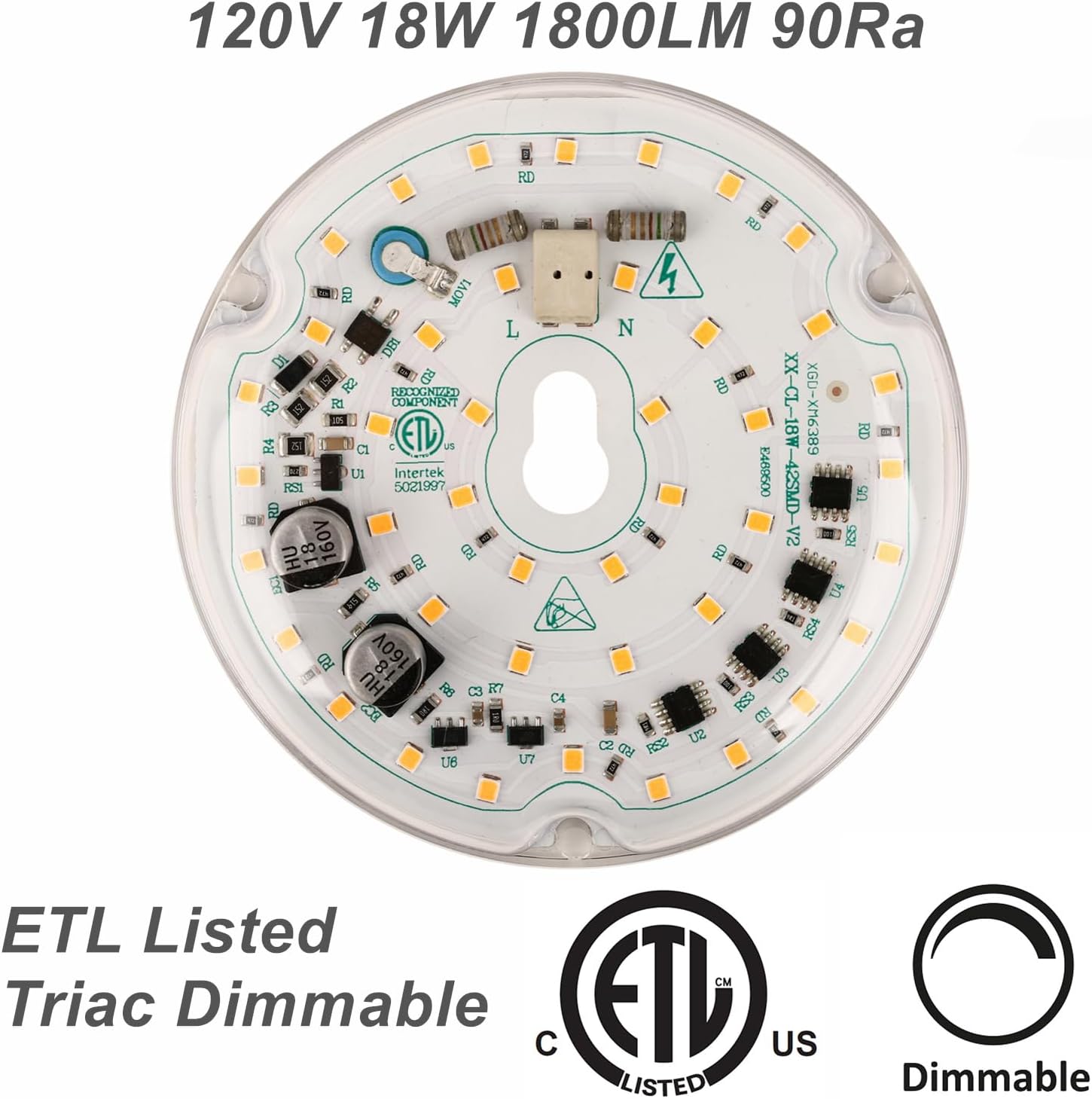 Ventilador de techo LED de 4 pulgadas, repuesto de luz LED, 120 V, 18 W, 1800 LM, 90Ra, kit de luz LED para ventilador de techo, luz blanca cálida