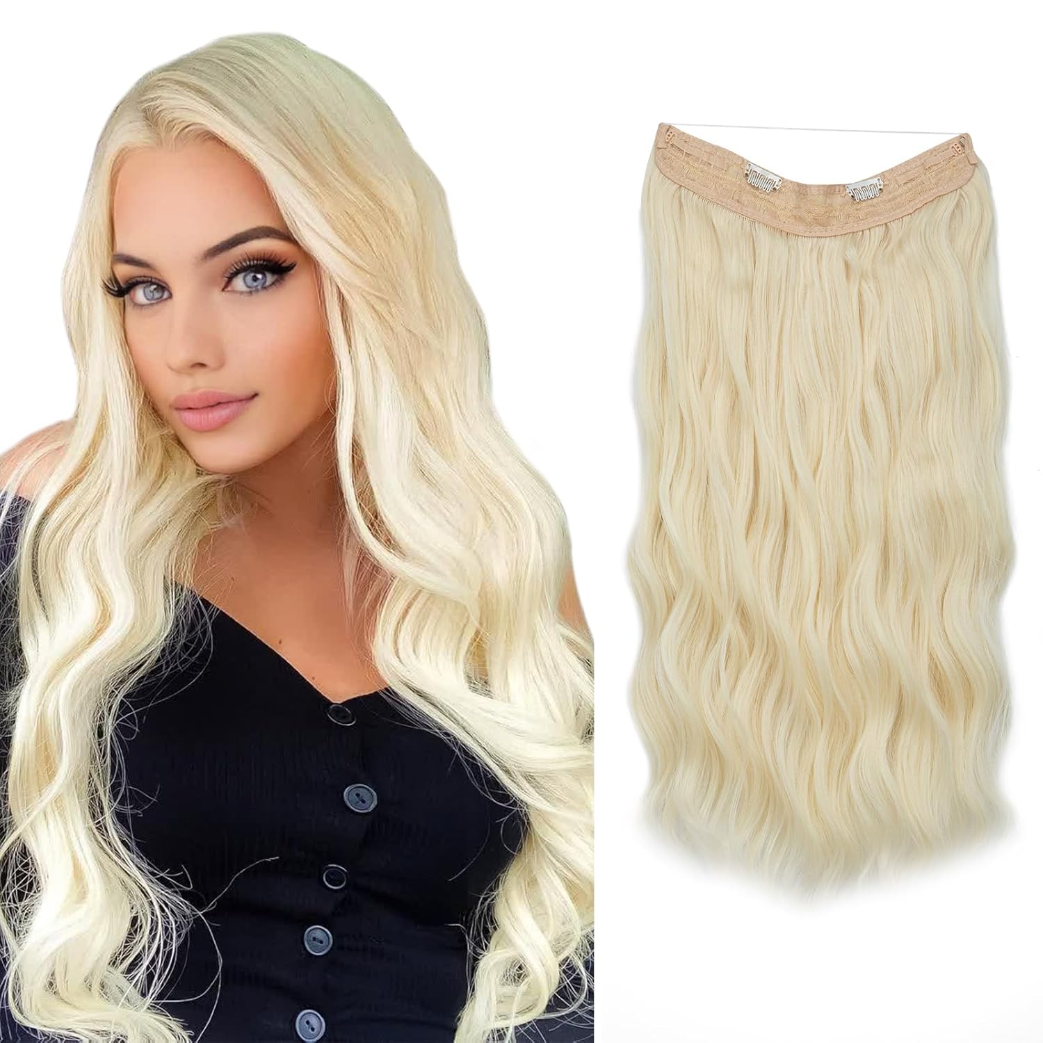 SARLA Extensión de cabello con alambre invisible rubio decolorado con clips, extensión sintética larga de onda de playa con clip para mujer, tamaño