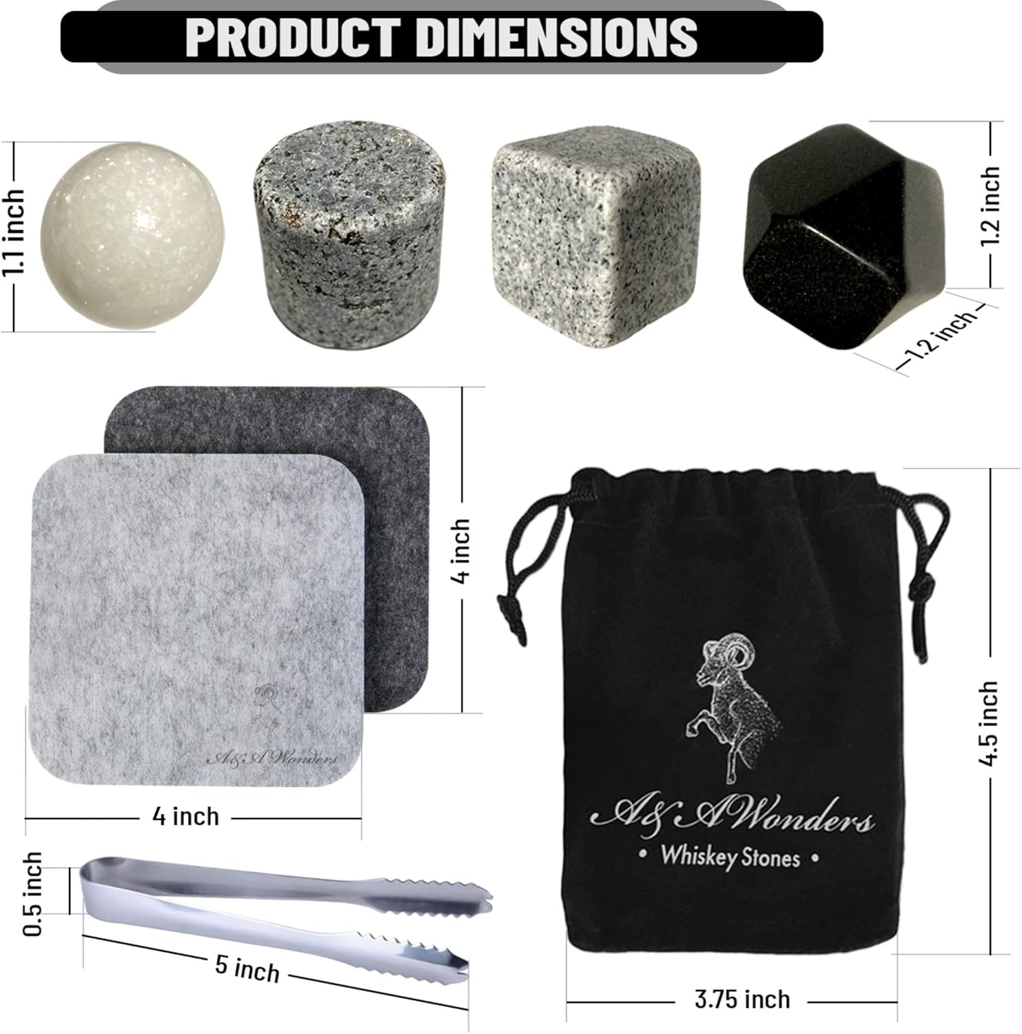 A&A Wonders Juego de 9 piedras de whisky de alta calidad, 100 % natural, cubos de hielo reutilizables para bebidas con bolsa de transporte de