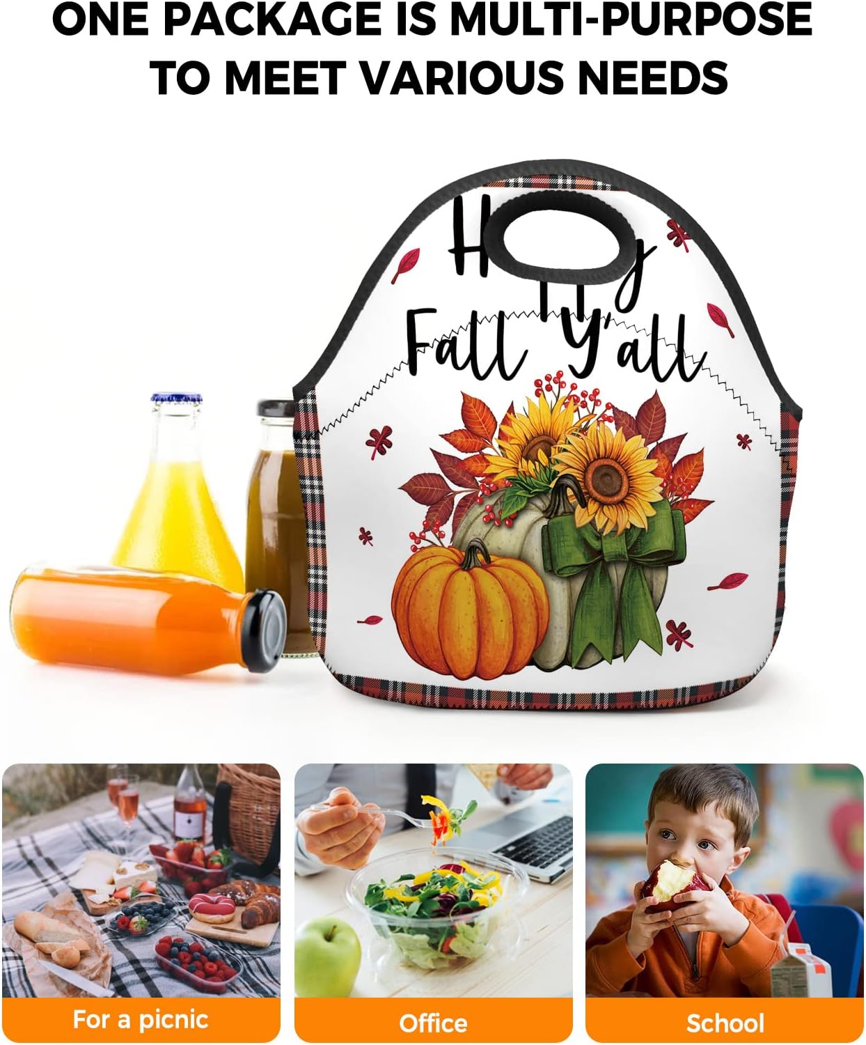 Reusable Neoprene Lunch Bag, Happy Fall Y’all Sunflowers Pumpkin Buffalo Plaid Soft Thermal Meal Tote, Lightweight Washable Insulated Lunch Pouch