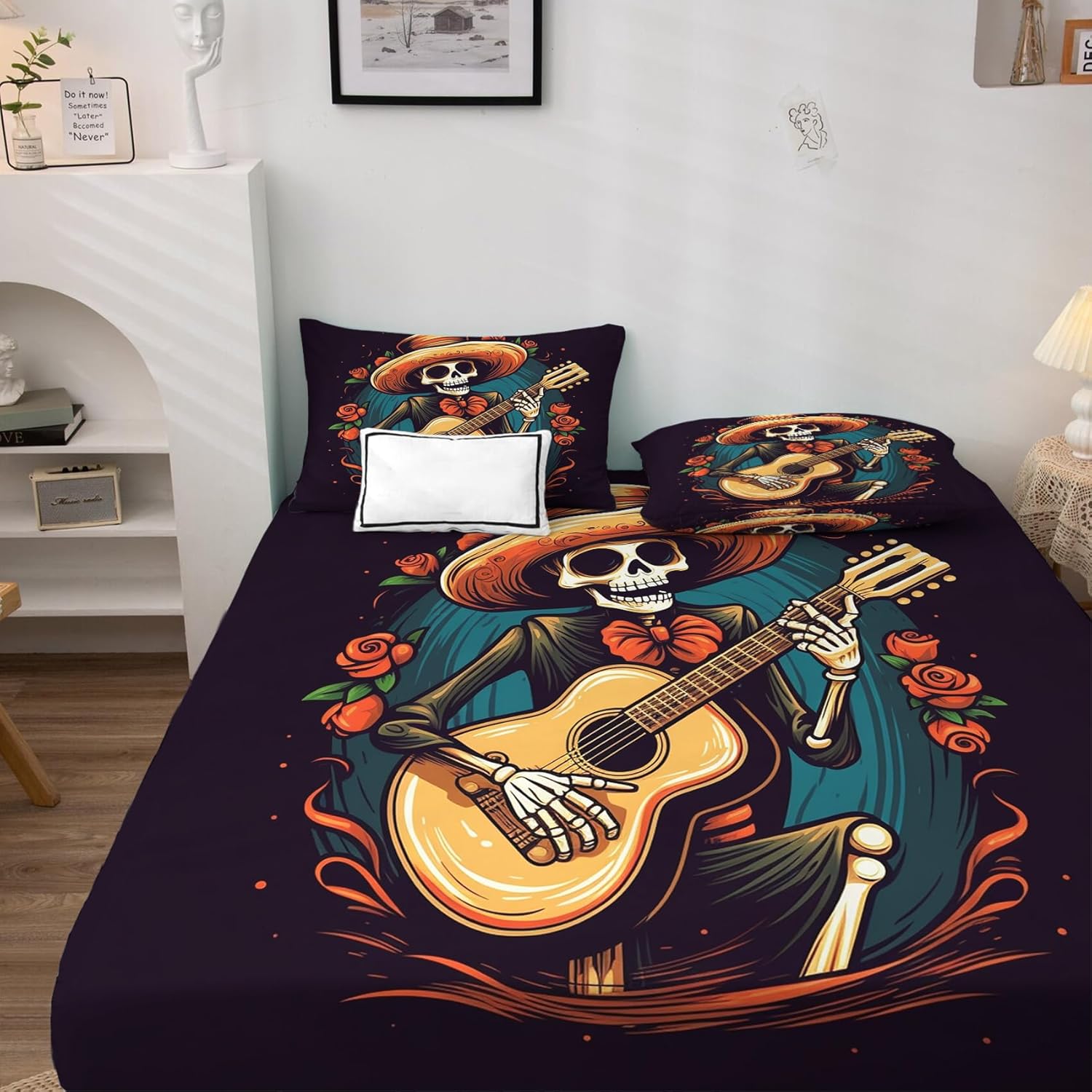 Day of The Dead – Juego de sábanas de 4 piezas con diseño de esqueleto mexicano, sábanas y fundas de almohada estampadas, sábana bajera ajustable de