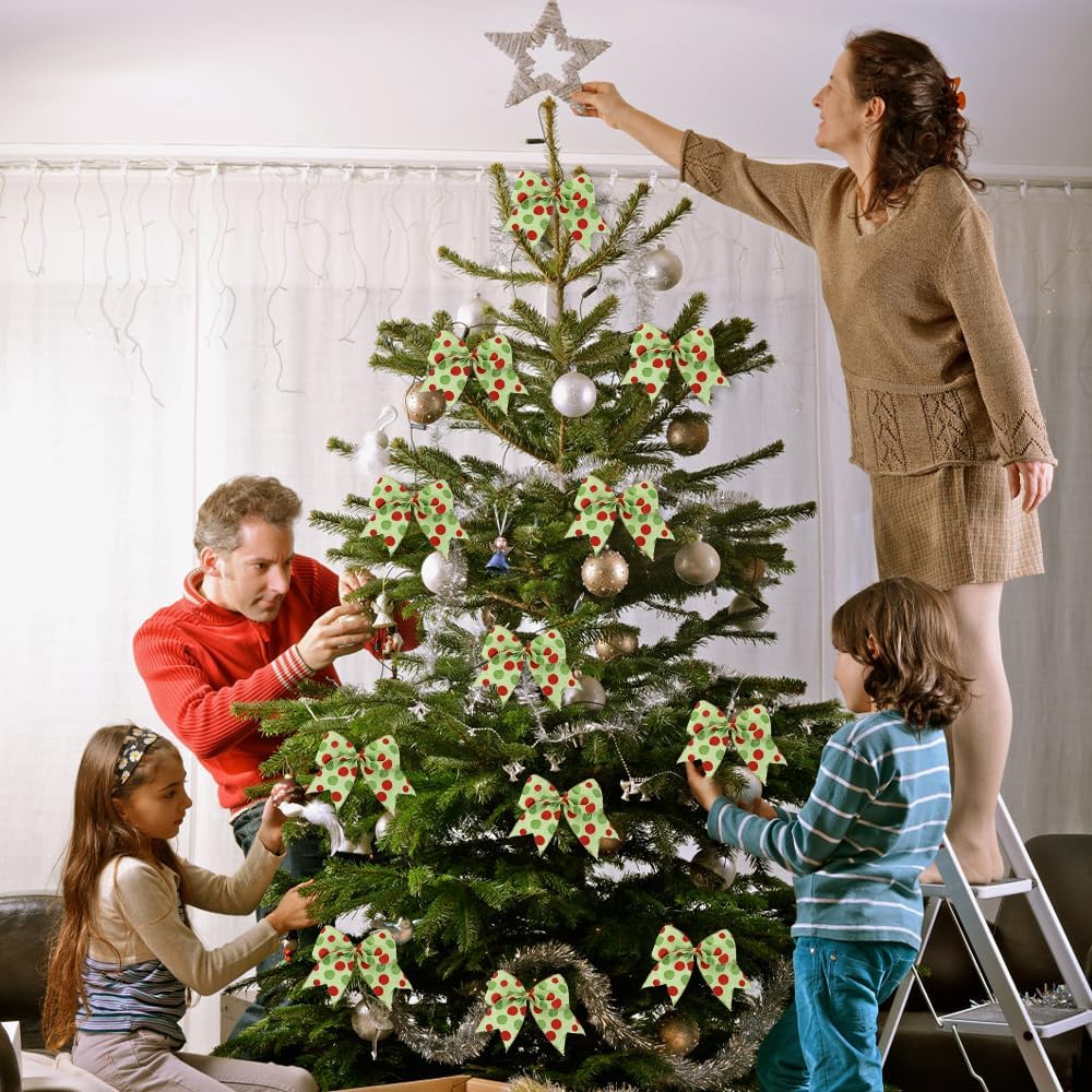 12 lazos de Navidad de 6.3 pulgadas, lazos grandes de corona de Navidad, lazos de árbol de Navidad rojo y verde, lazos de puntos con purpurina de