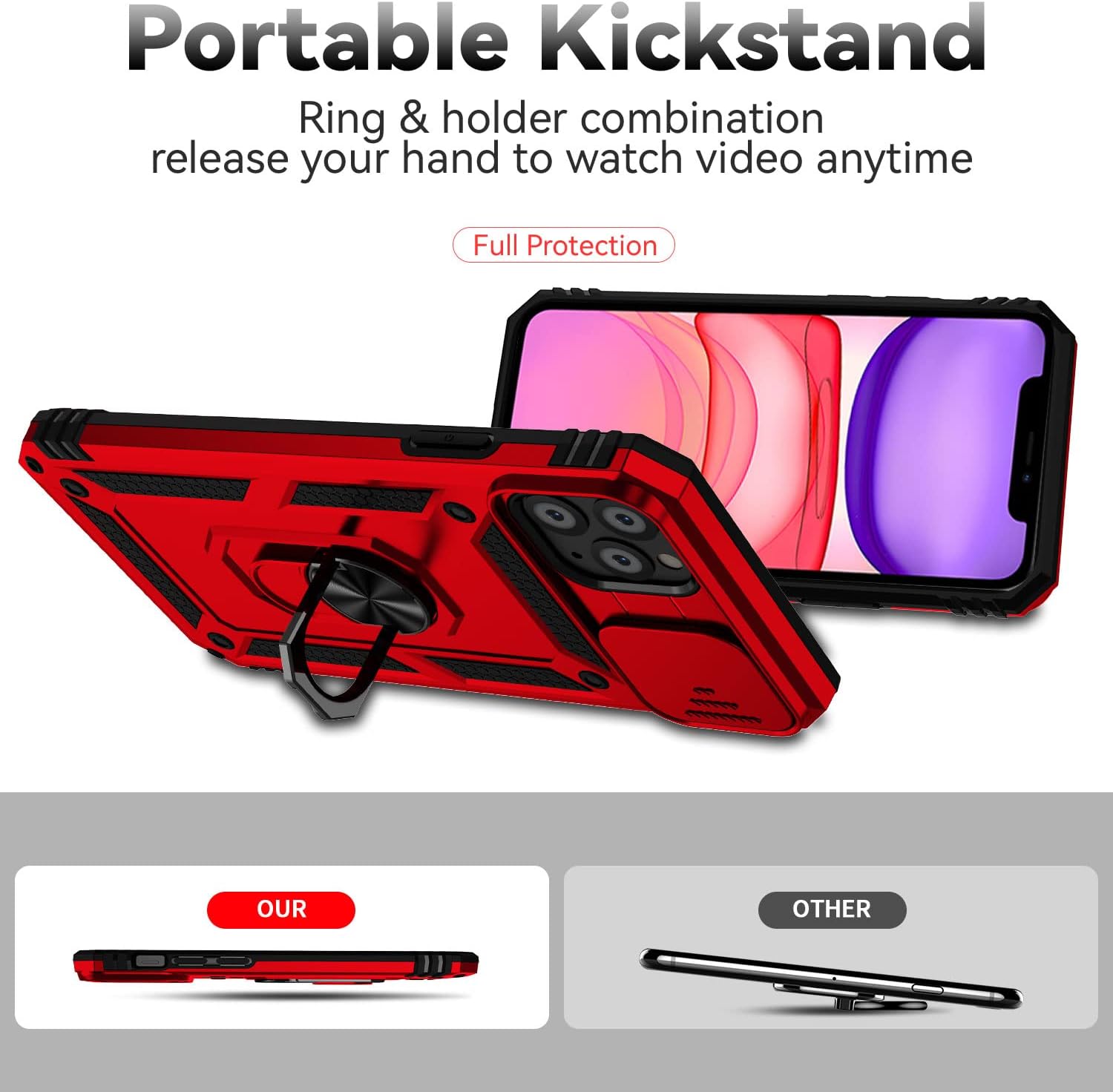 Funda para iPhone 11 Pro Max con cubierta deslizante para cámara + protector de pantalla HD, soporte de anillo giratorio de grado militar a prueba