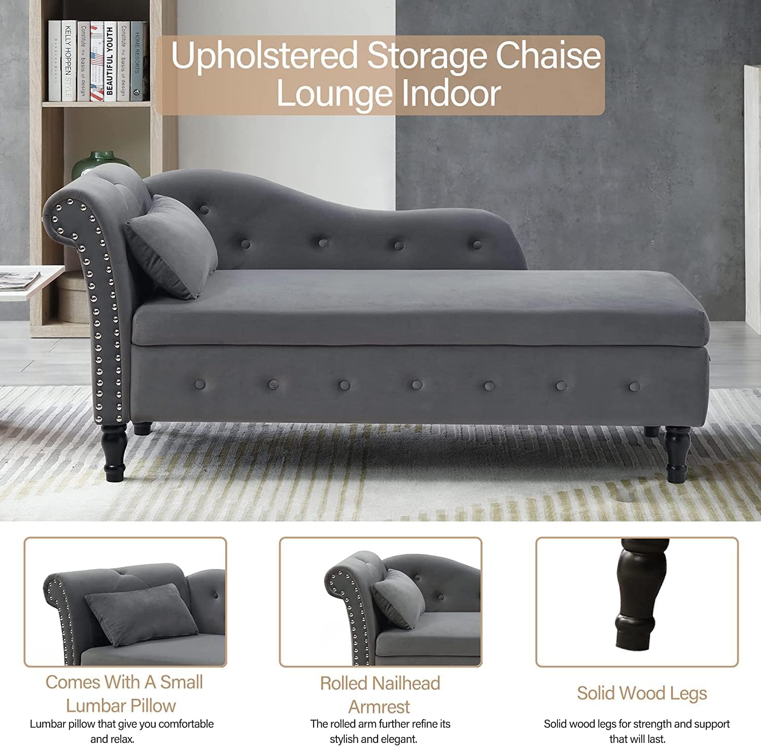 Anwick Chaise Lounge – Silla reclinable tapizada para interiores, moderna y tapizada para sala de estar, dormitorio, sofá cama (gris) (gris +