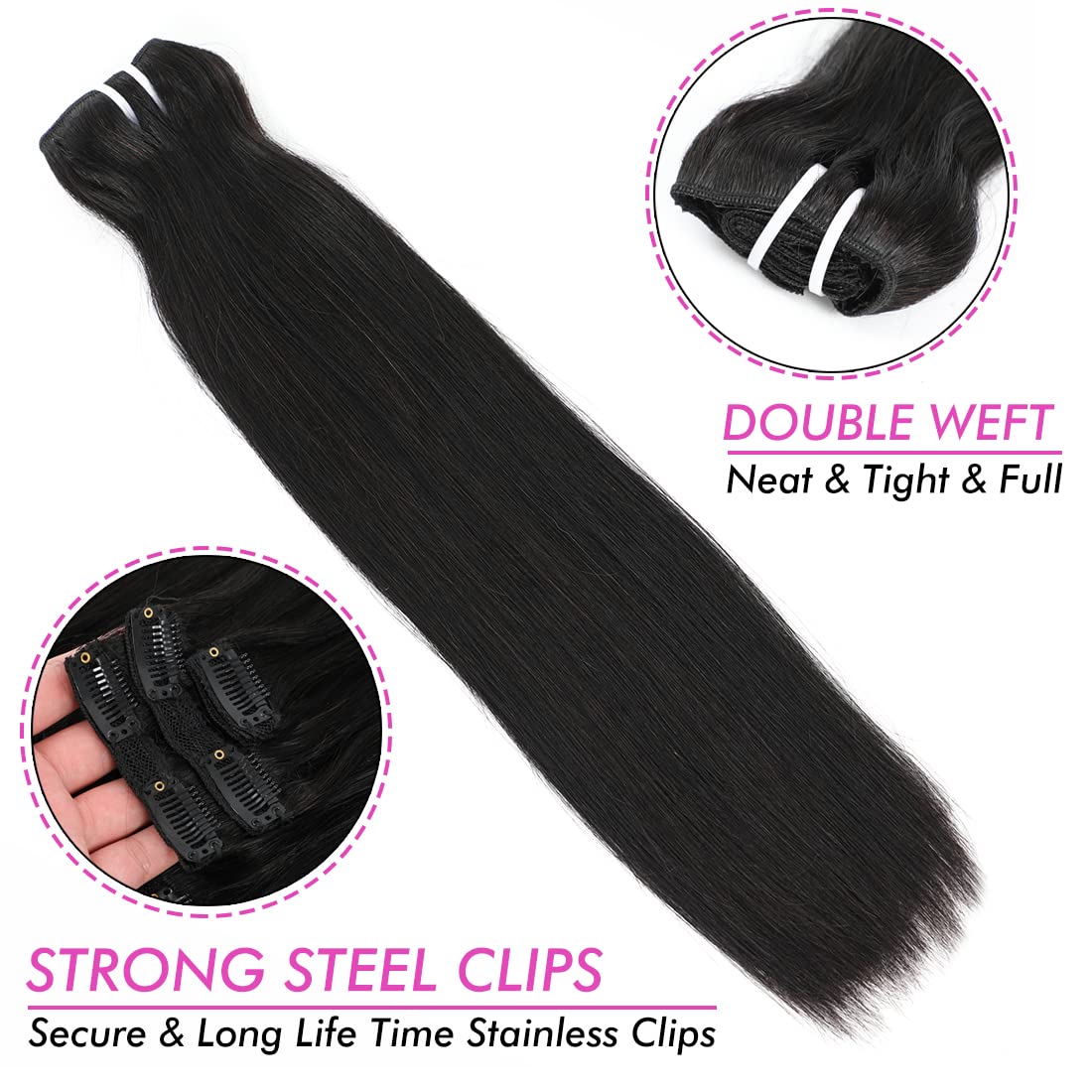 Extensiones de cabello humano largo y liso con clip para mujeres negras, 26 pulgadas, cabello humano real negro natural 1B# 1B#, clip liso y sedoso,