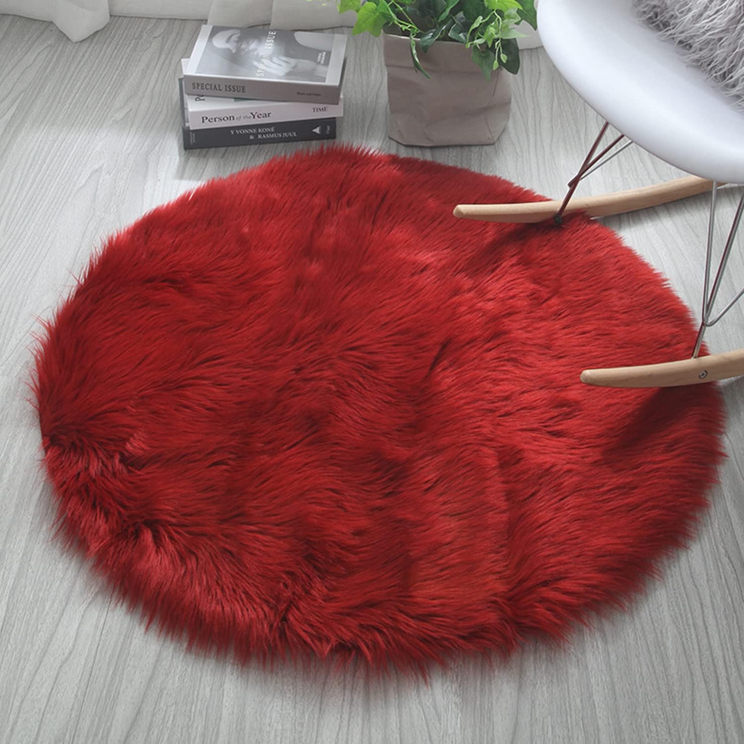 Alfombra redonda de piel de oveja sintética, suave y lanuda. Alfombra mullida para el hogar, decoración de dormitorio, Burgundy