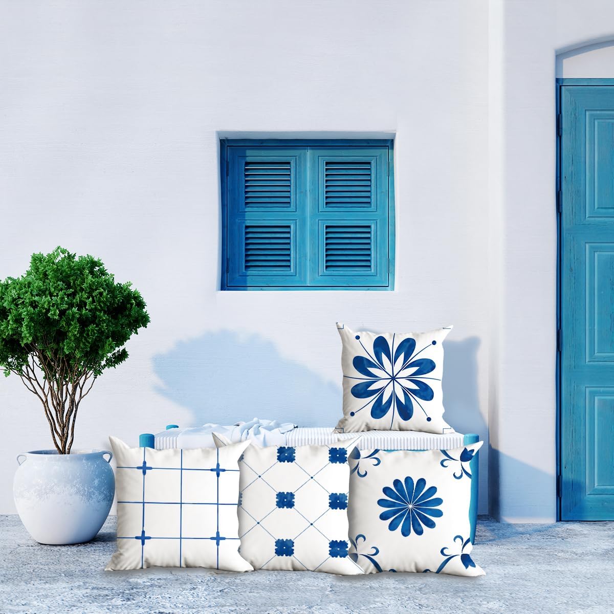 Juego de 4 fundas de almohada de arte mediterráneo, decoración de fundas de almohada de azulejos azules de 18 x 18 pulgadas, funda de almohada con