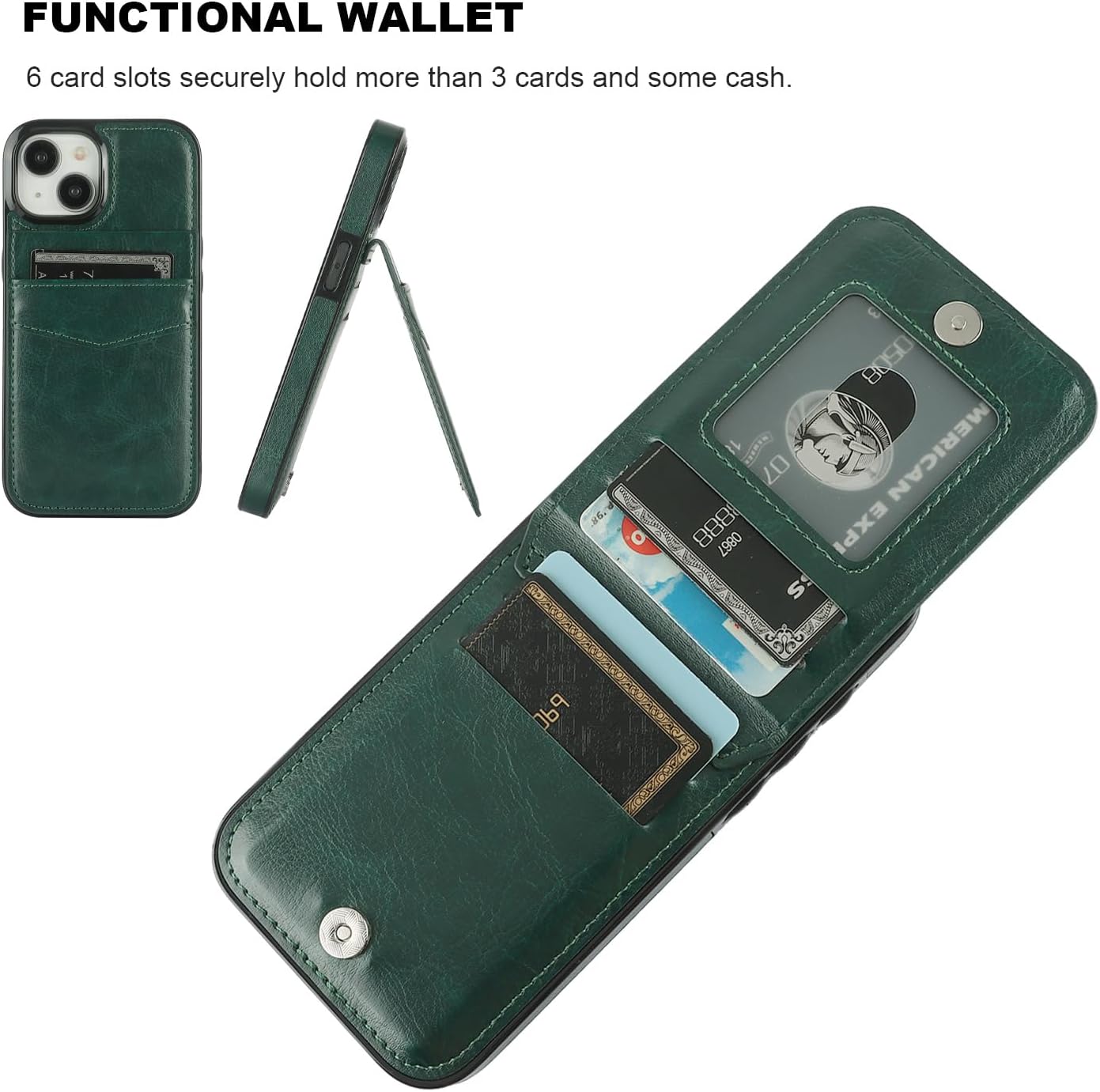 KIHUWEY Funda compatible con iPhone 15 con soporte para tarjeta de crédito, cierre magnético de cuero de alta calidad, función atril, funda