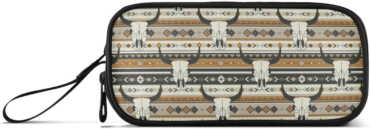 Fisyme Western Boho – Estuche para lápices de calaveras de toro de gran capacidad, estuche de maquillaje, organizador de papelería para escuela,