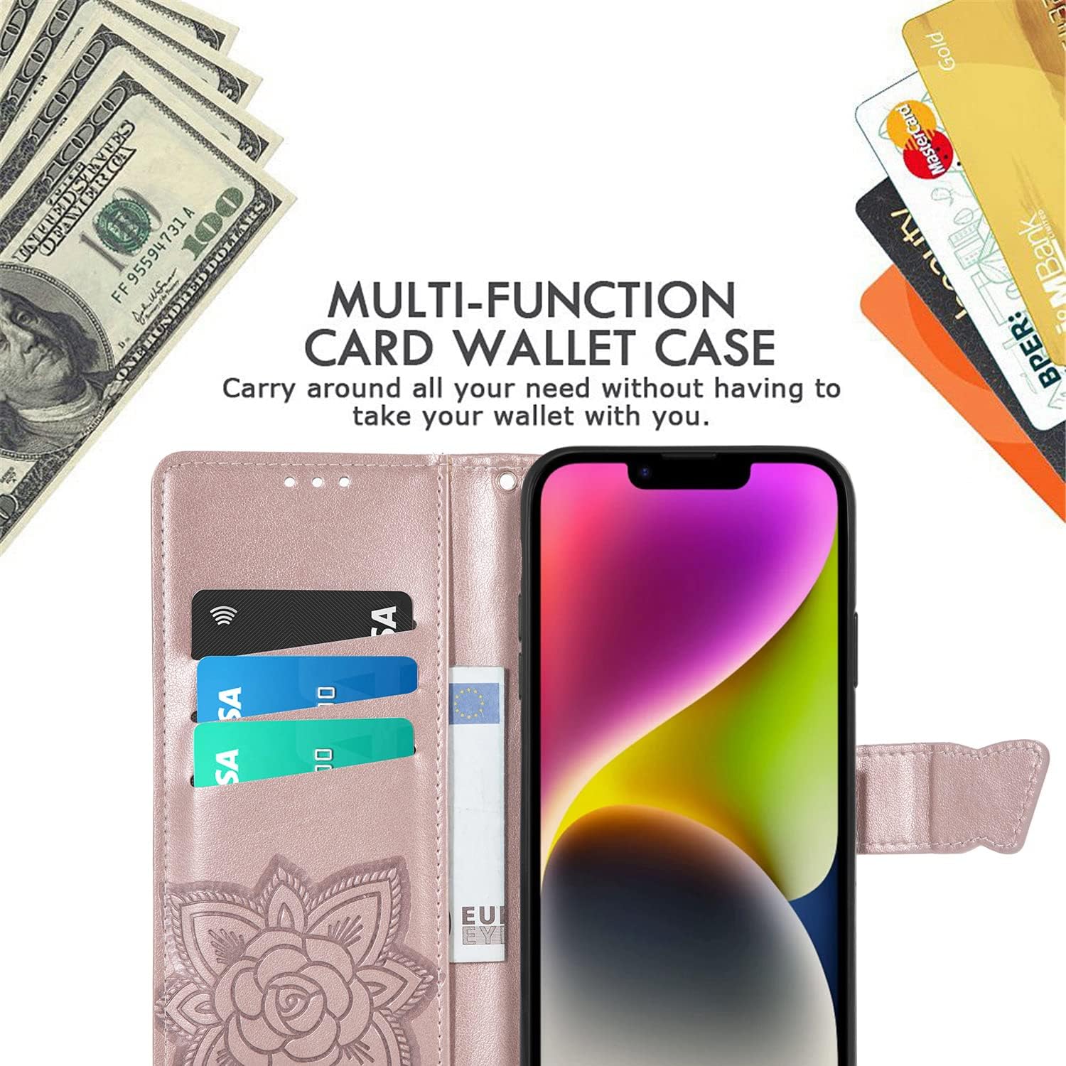 Funda tipo cartera para iPhone 14 Plus, con estampado de mariposas y flores en relieve, funda de cuero tipo cartera con tapa protectora con ranuras
