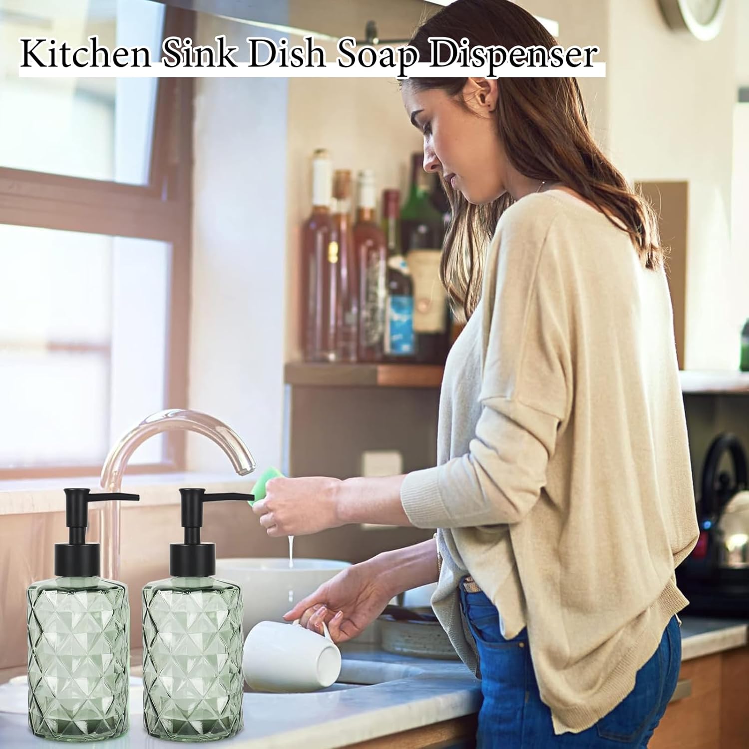 Dispensador de jabón de vidrio transparente, dispensador de jabón líquido de manos de 11 onzas11.2 fl oz para fregadero de cocina y baño, juego de